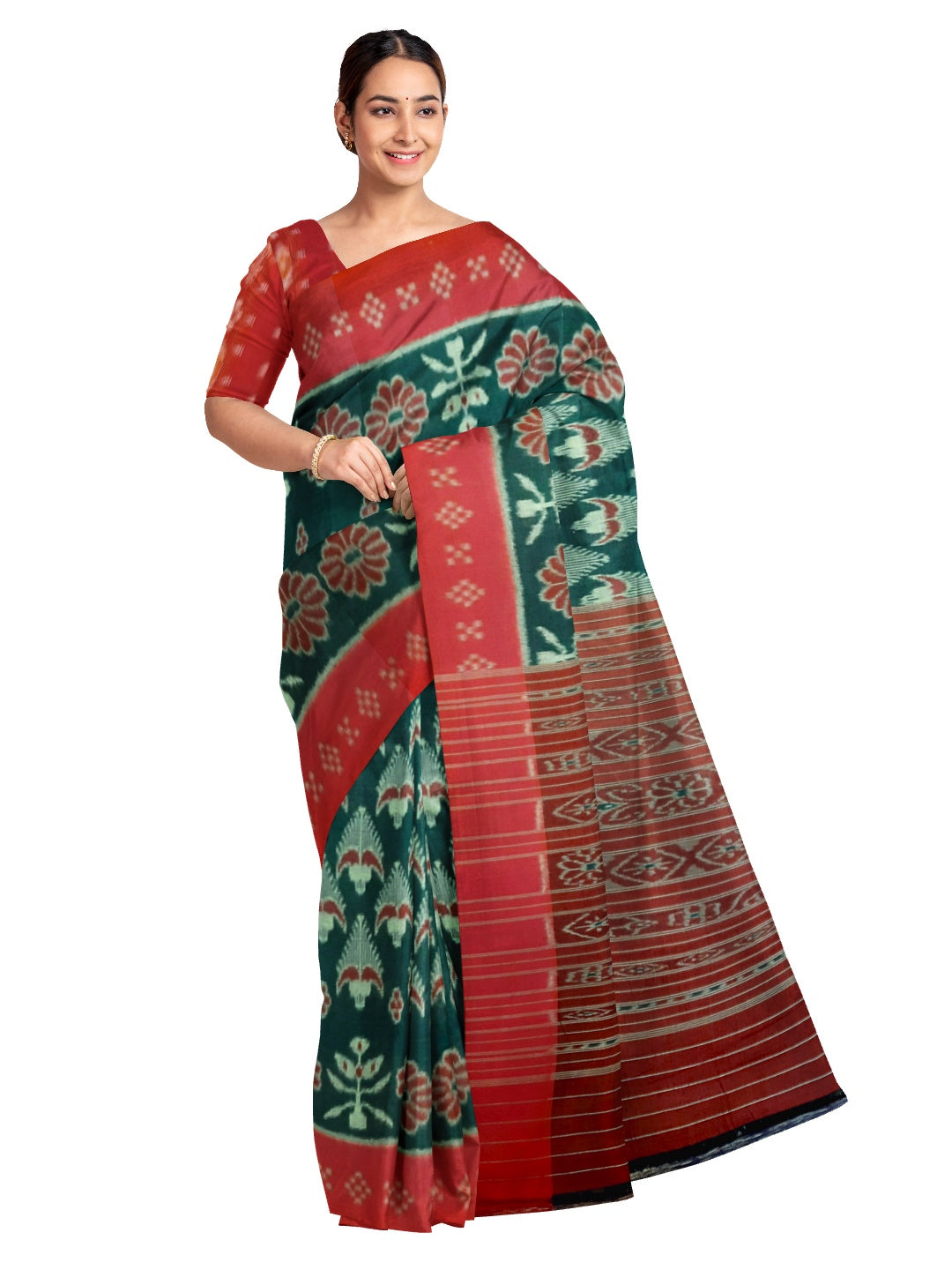Green and Red Cotton Odisha Ikat saree with mix match cotton ikat blouse piece