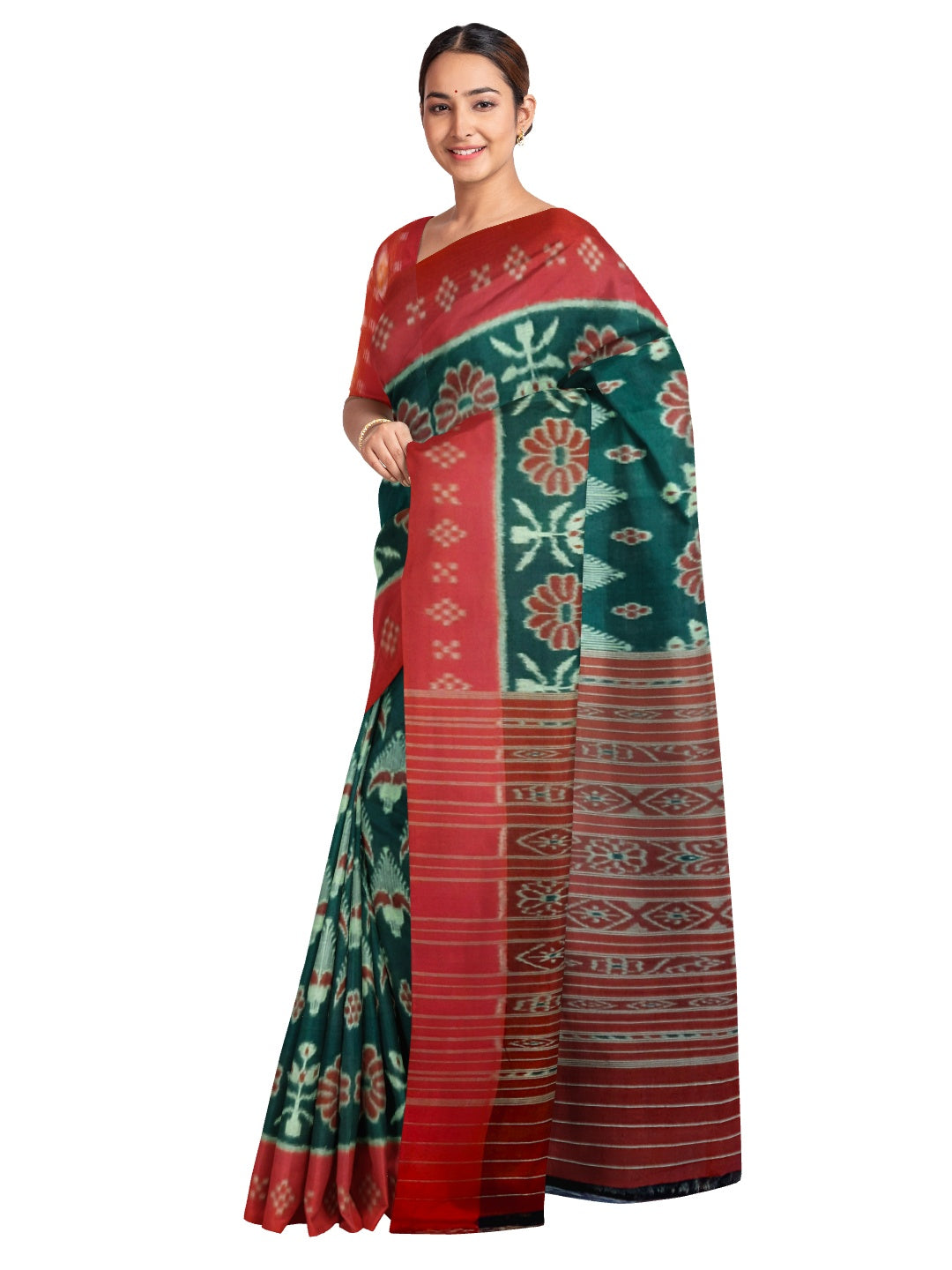 Green and Red Cotton Odisha Ikat saree with mix match cotton ikat blouse piece
