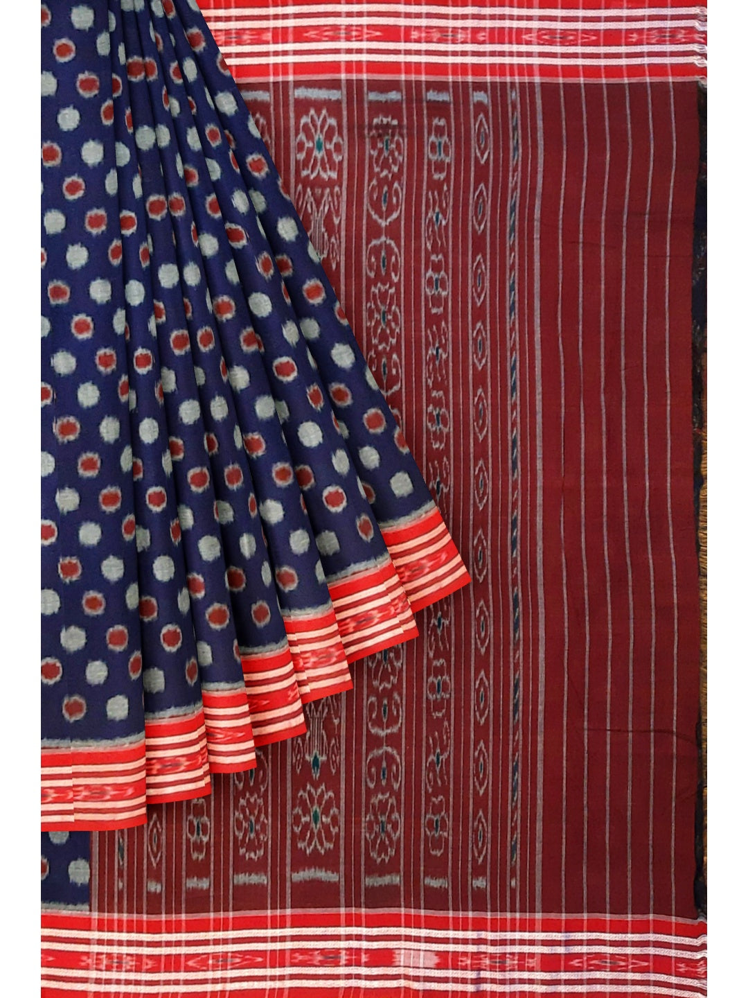 Blue Polka dots Cotton Odisha Ikat saree with mix match cotton ikat blouse piece