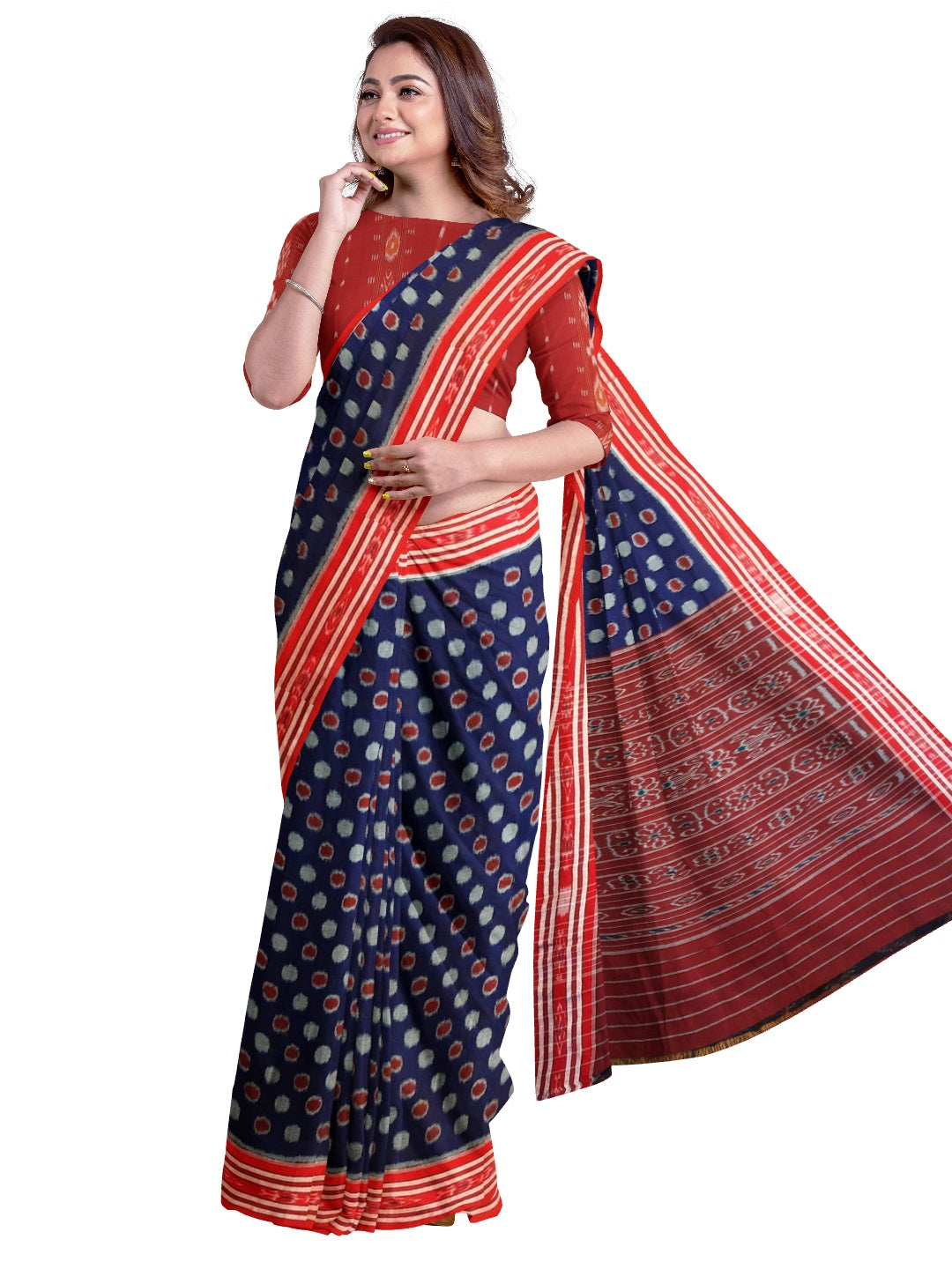 Blue Polka dots Cotton Odisha Ikat saree with mix match cotton ikat blouse piece