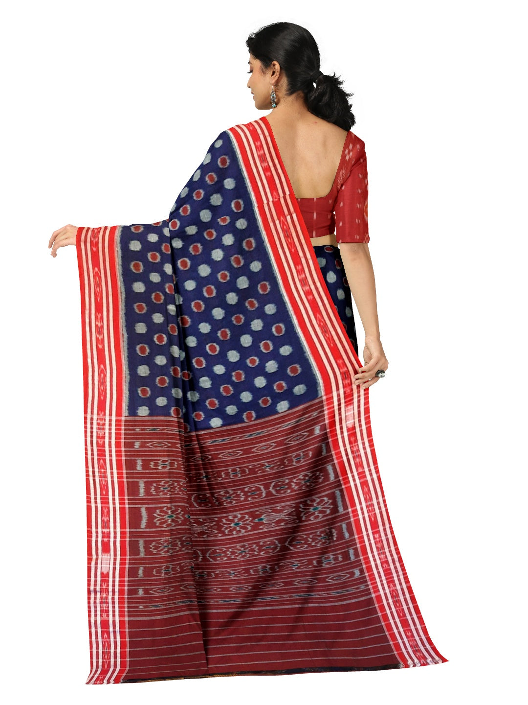 Blue Polka dots Cotton Odisha Ikat saree with mix match cotton ikat blouse piece