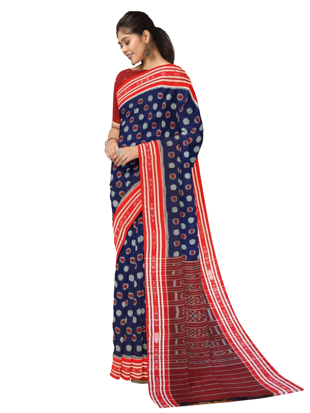 Blue Polka dots Cotton Odisha Ikat saree with mix match cotton ikat blouse piece