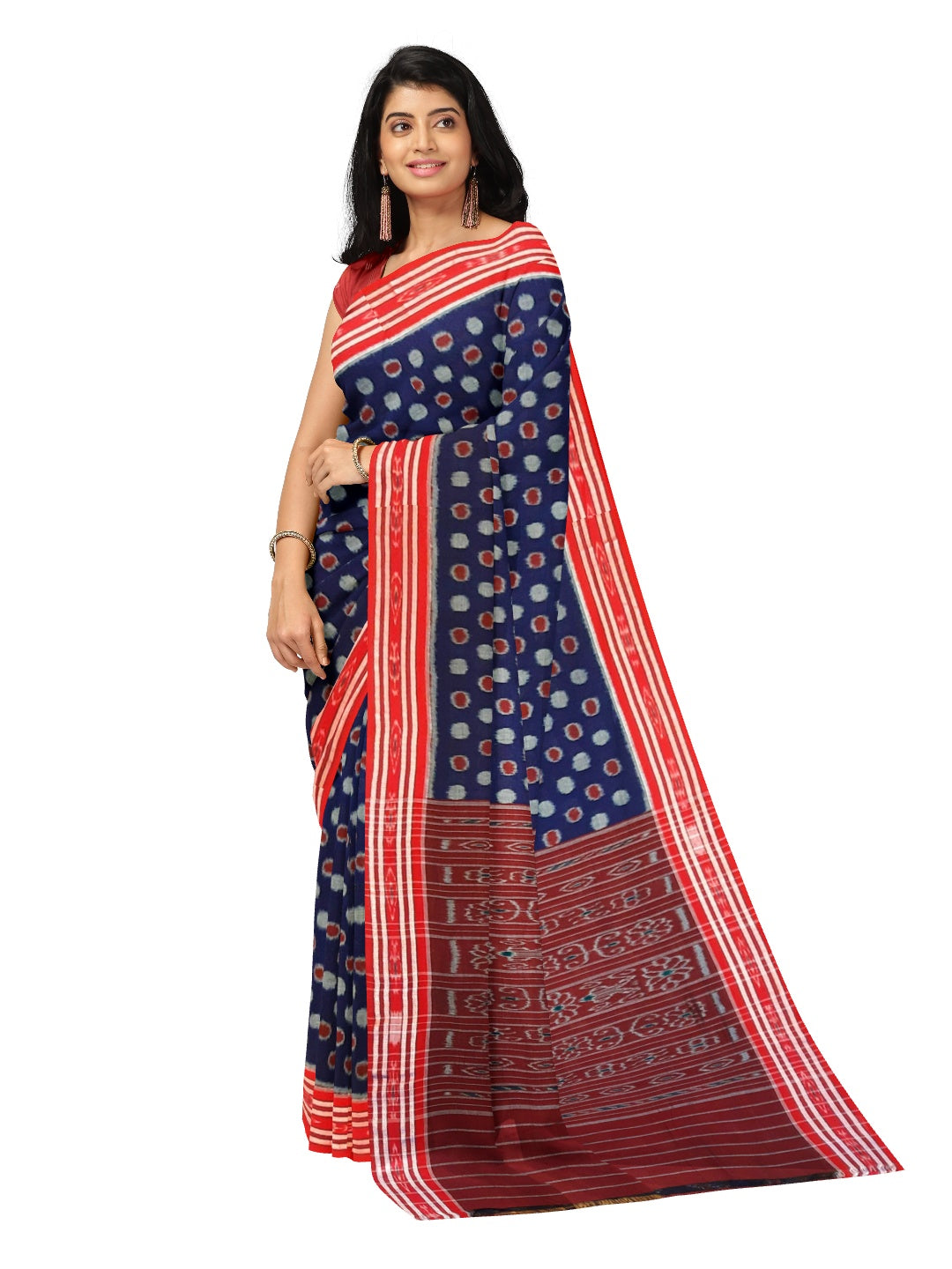 Blue Polka dots Cotton Odisha Ikat saree with mix match cotton ikat blouse piece
