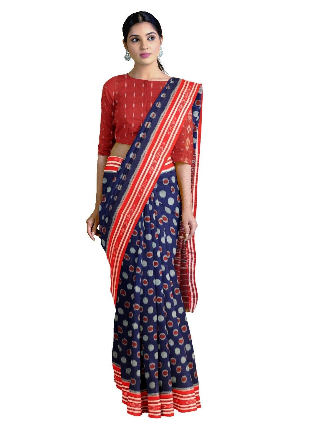 Blue Polka dots Cotton Odisha Ikat saree with mix match cotton ikat blouse piece