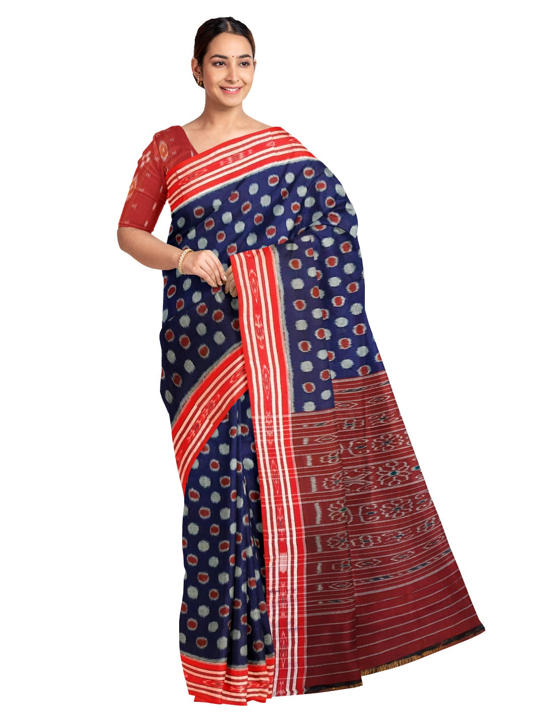 Blue Polka dots Cotton Odisha Ikat saree with mix match cotton ikat blouse piece