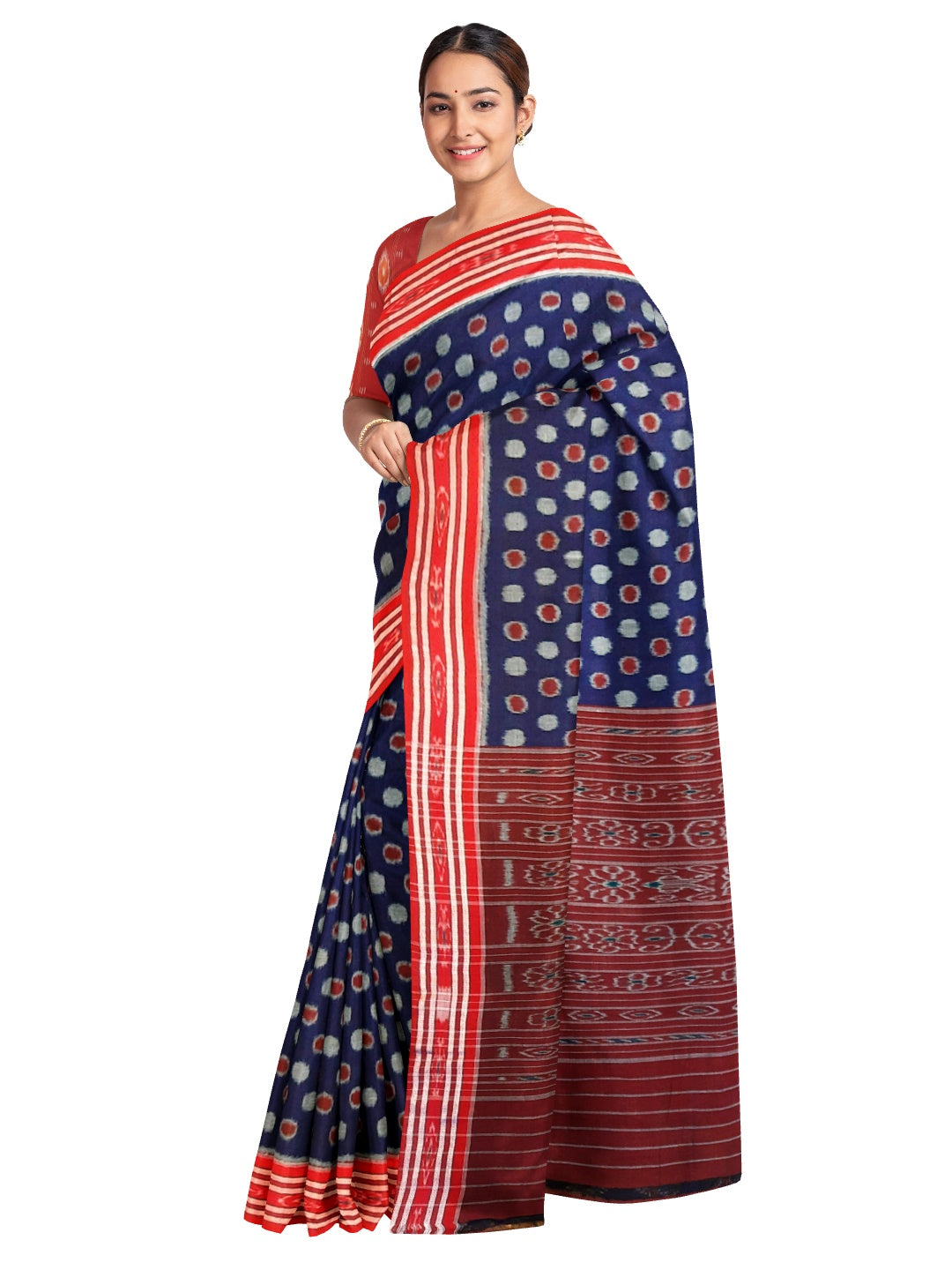 Blue Polka dots Cotton Odisha Ikat saree with mix match cotton ikat blouse piece