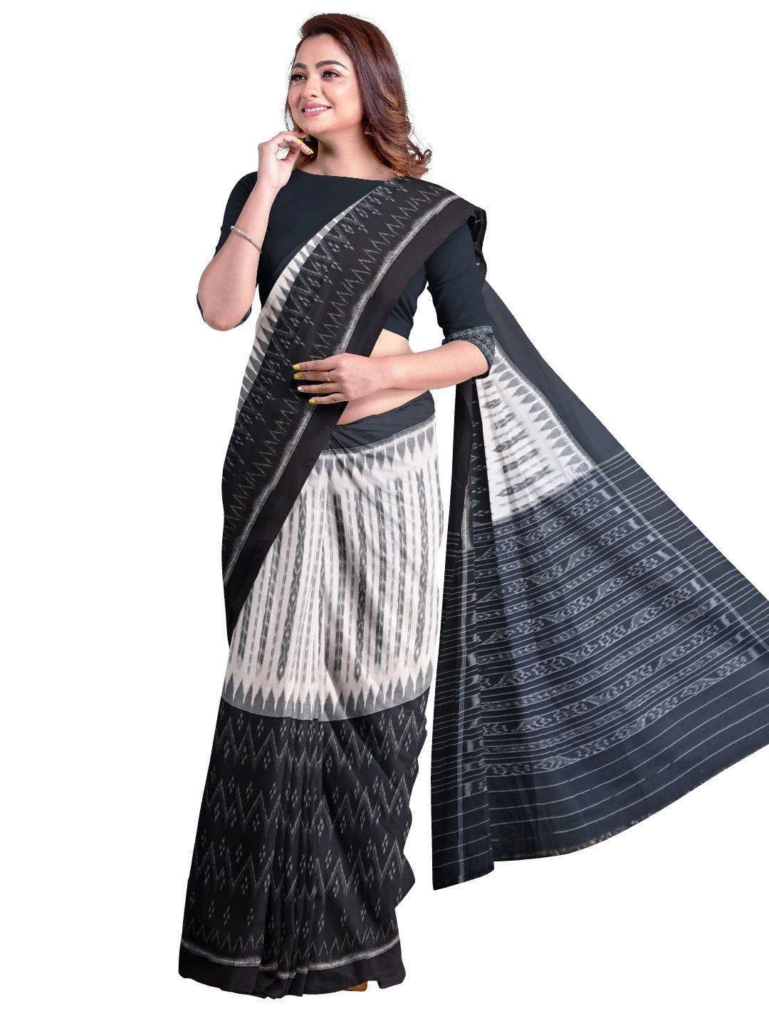 Black and White Cotton Odisha Ikat saree with matching cotton ikat blouse piece