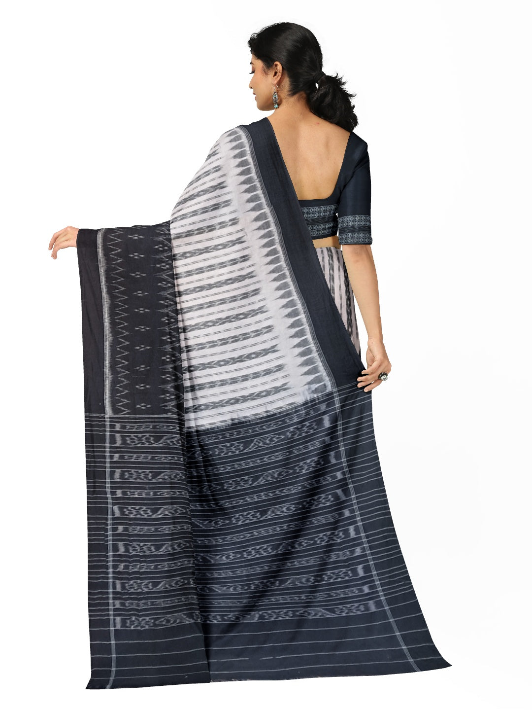 Black and White Cotton Odisha Ikat saree with matching cotton ikat blouse piece
