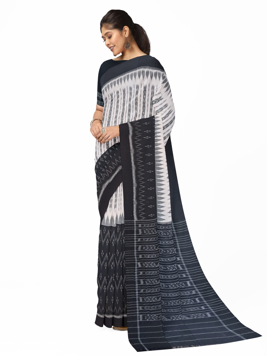 Black and White Cotton Odisha Ikat saree with matching cotton ikat blouse piece