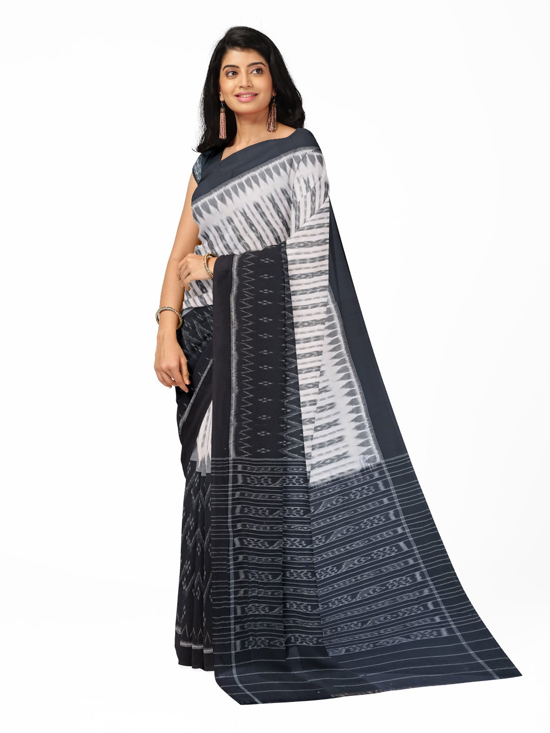 Black and White Cotton Odisha Ikat saree with matching cotton ikat blouse piece