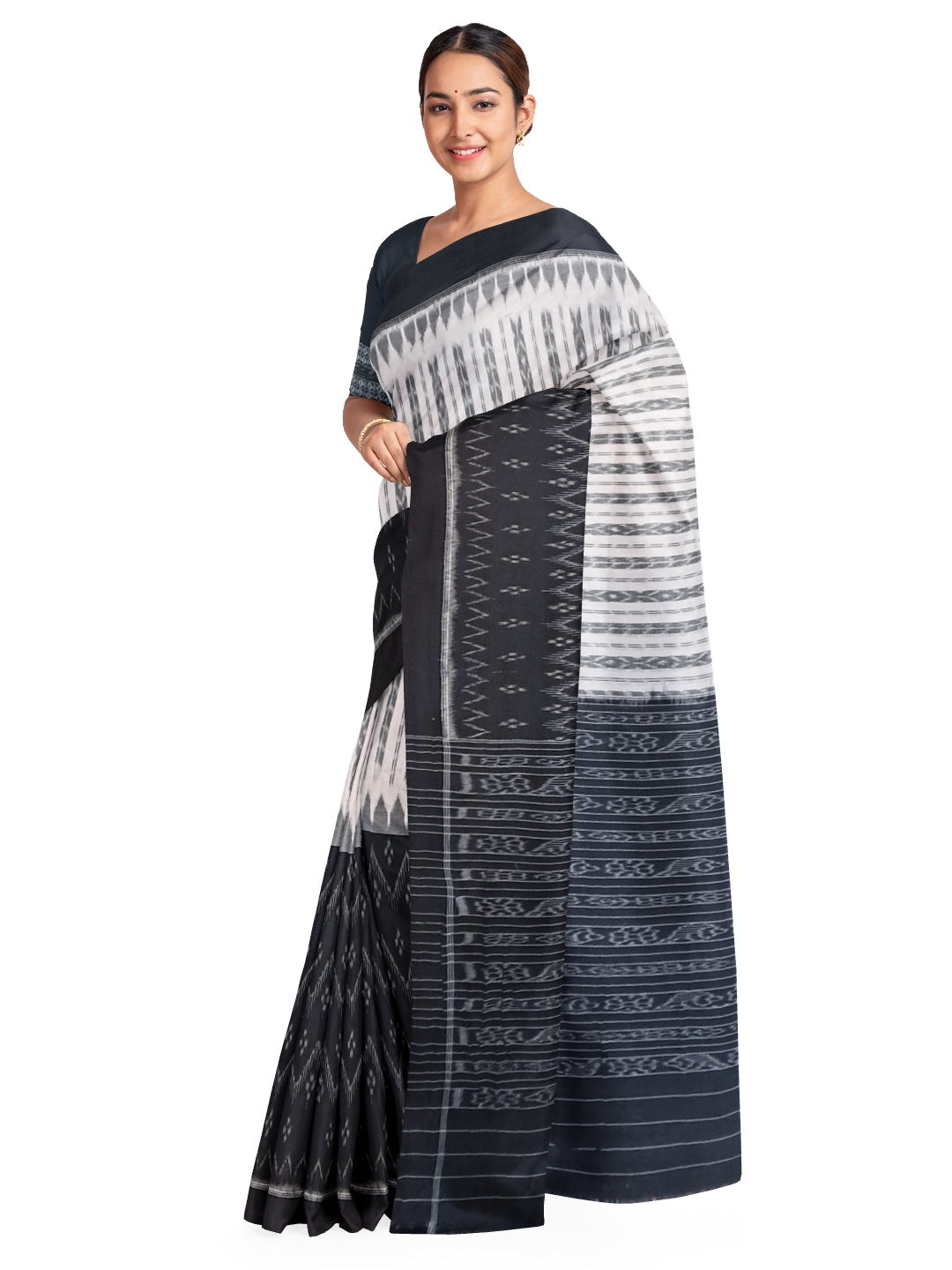 Black and White Cotton Odisha Ikat saree with matching cotton ikat blouse piece