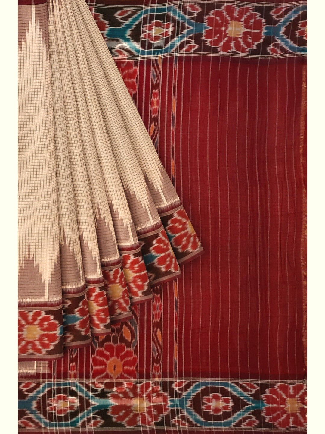 Beige checked body Cotton Odisha Ikat saree with mix match cotton ikat blouse