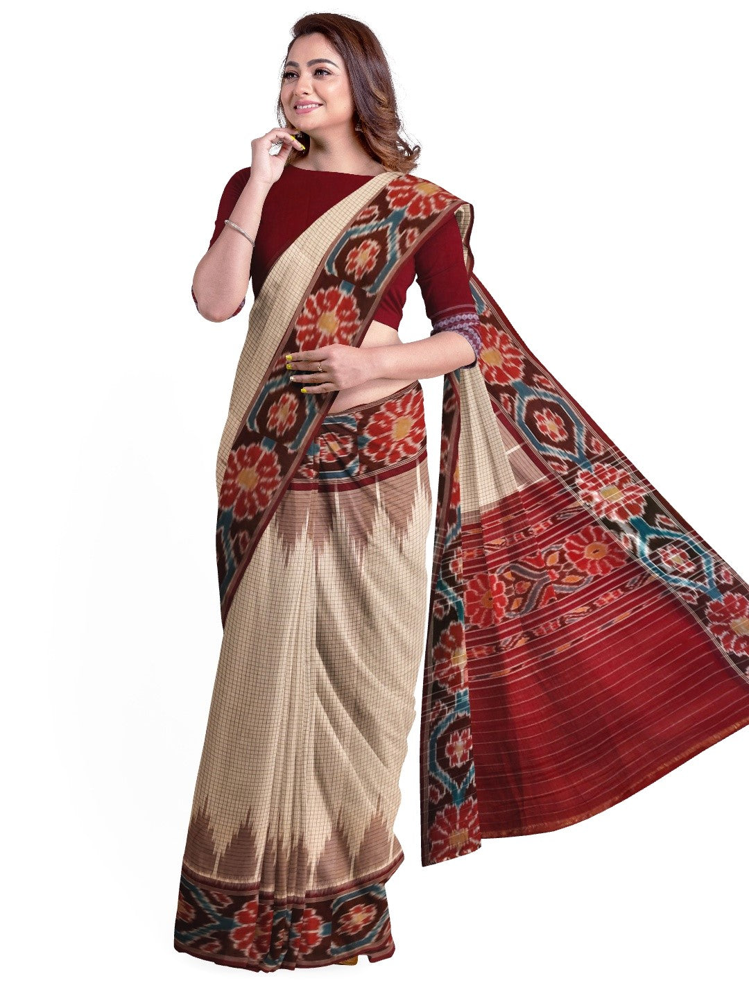 Beige checked body Cotton Odisha Ikat saree with mix match cotton ikat blouse