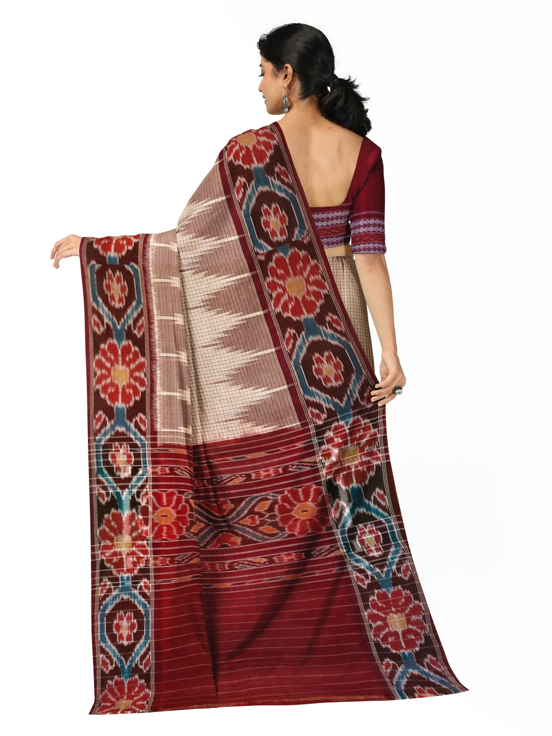 Beige checked body Cotton Odisha Ikat saree with mix match cotton ikat blouse