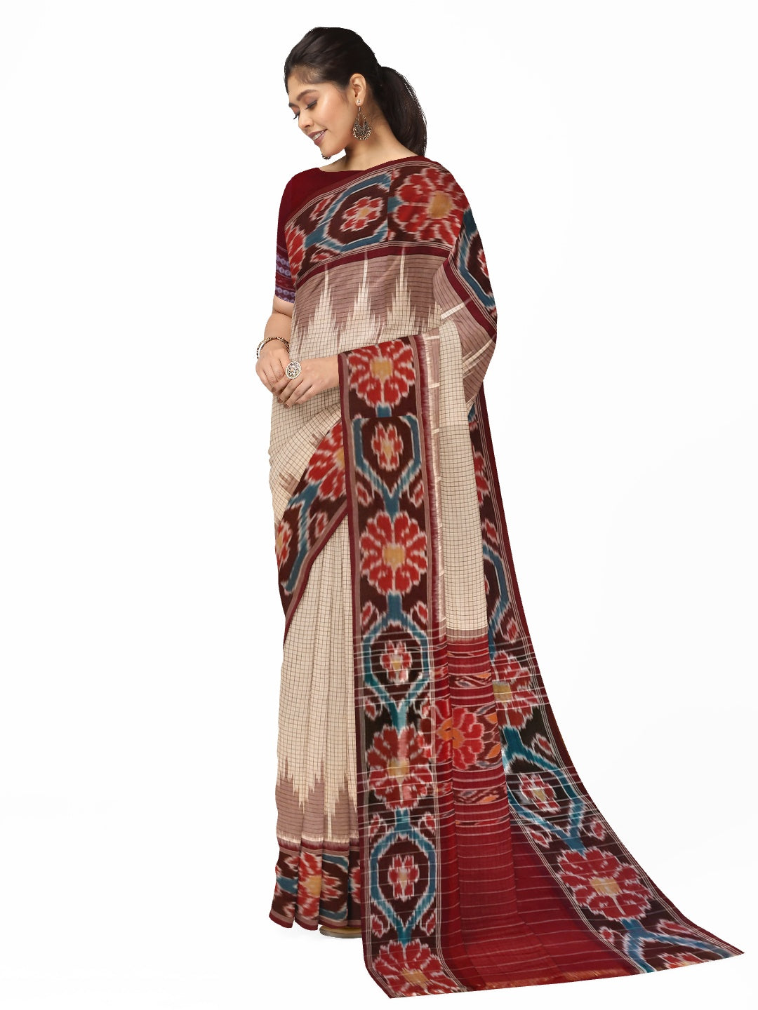 Beige checked body Cotton Odisha Ikat saree with mix match cotton ikat blouse