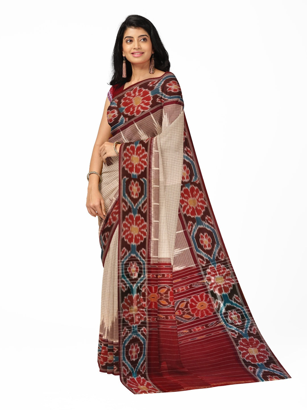 Beige checked body Cotton Odisha Ikat saree with mix match cotton ikat blouse