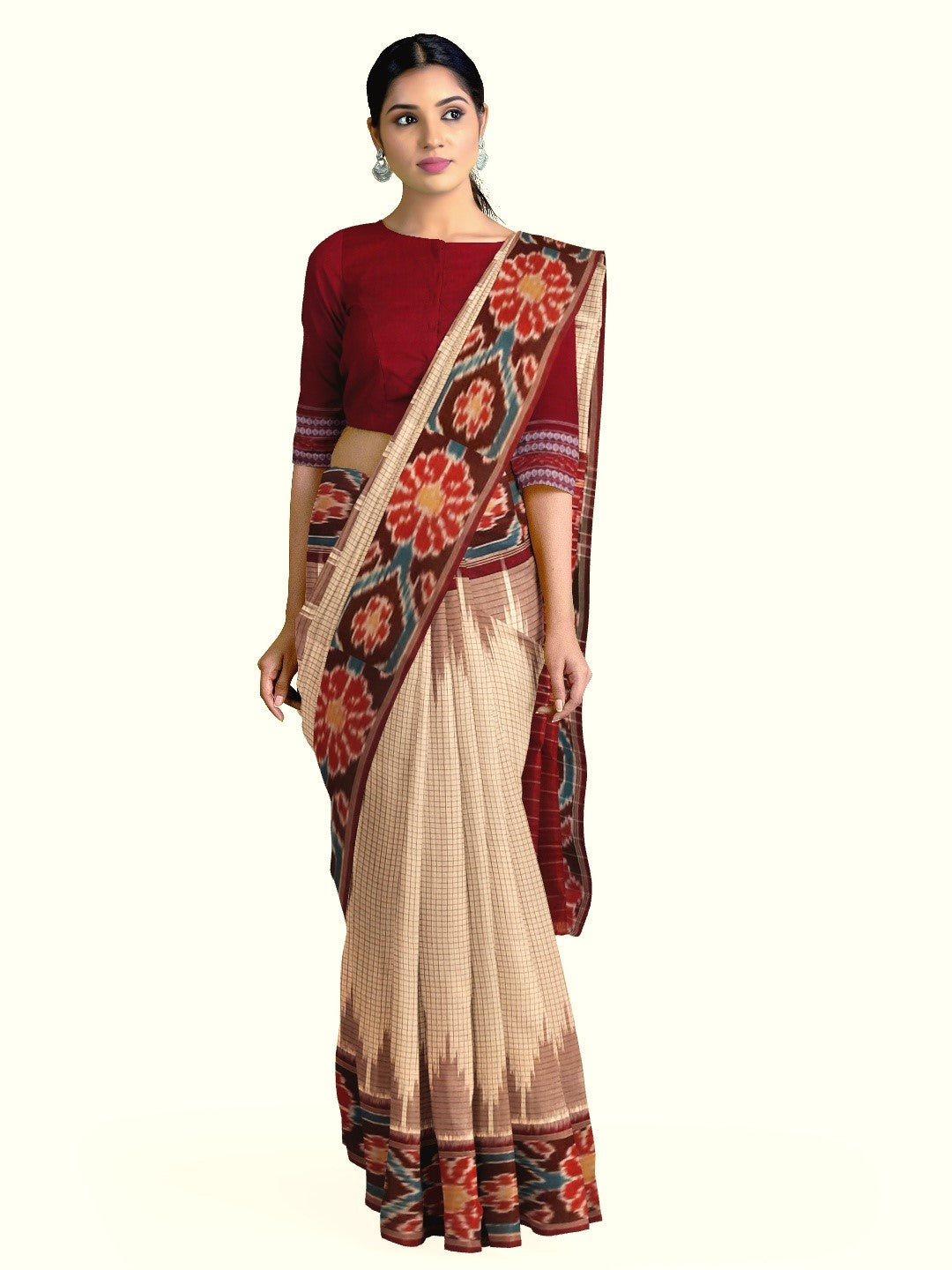 Beige checked body Cotton Odisha Ikat saree with mix match cotton ikat blouse