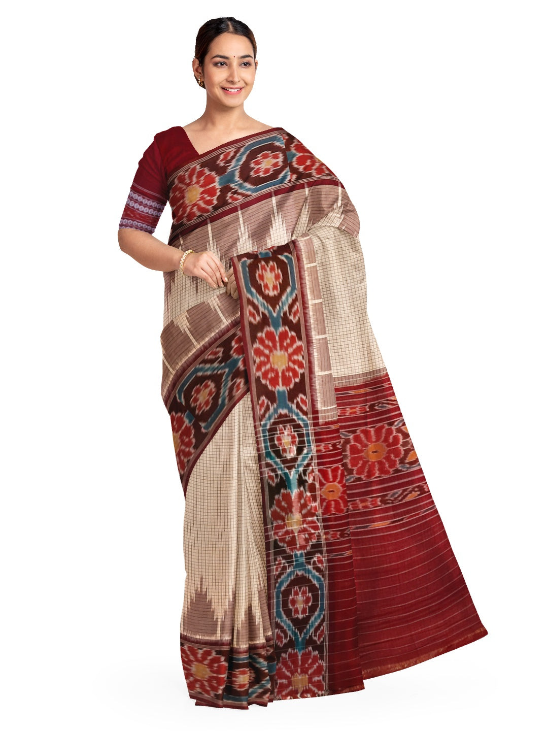 Beige checked body Cotton Odisha Ikat saree with mix match cotton ikat blouse