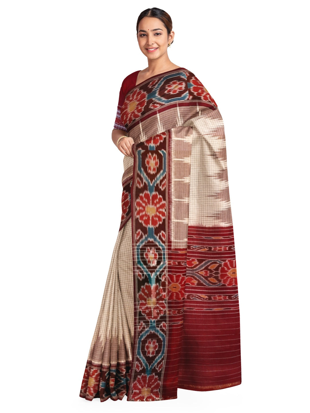 Beige checked body Cotton Odisha Ikat saree with mix match cotton ikat blouse