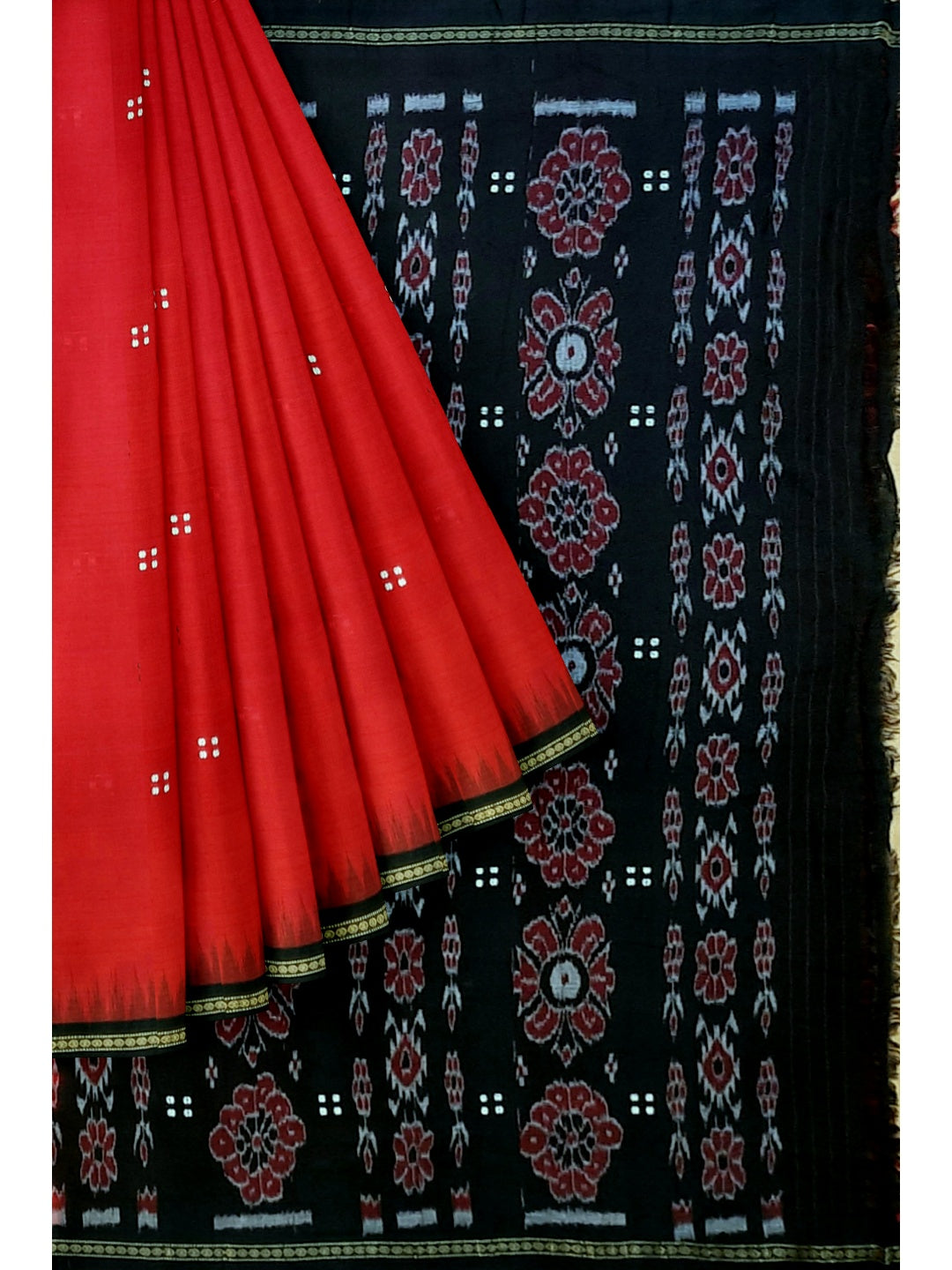 Red with black coloured Odisha Ikat saree  with cotton ikat blouse piece