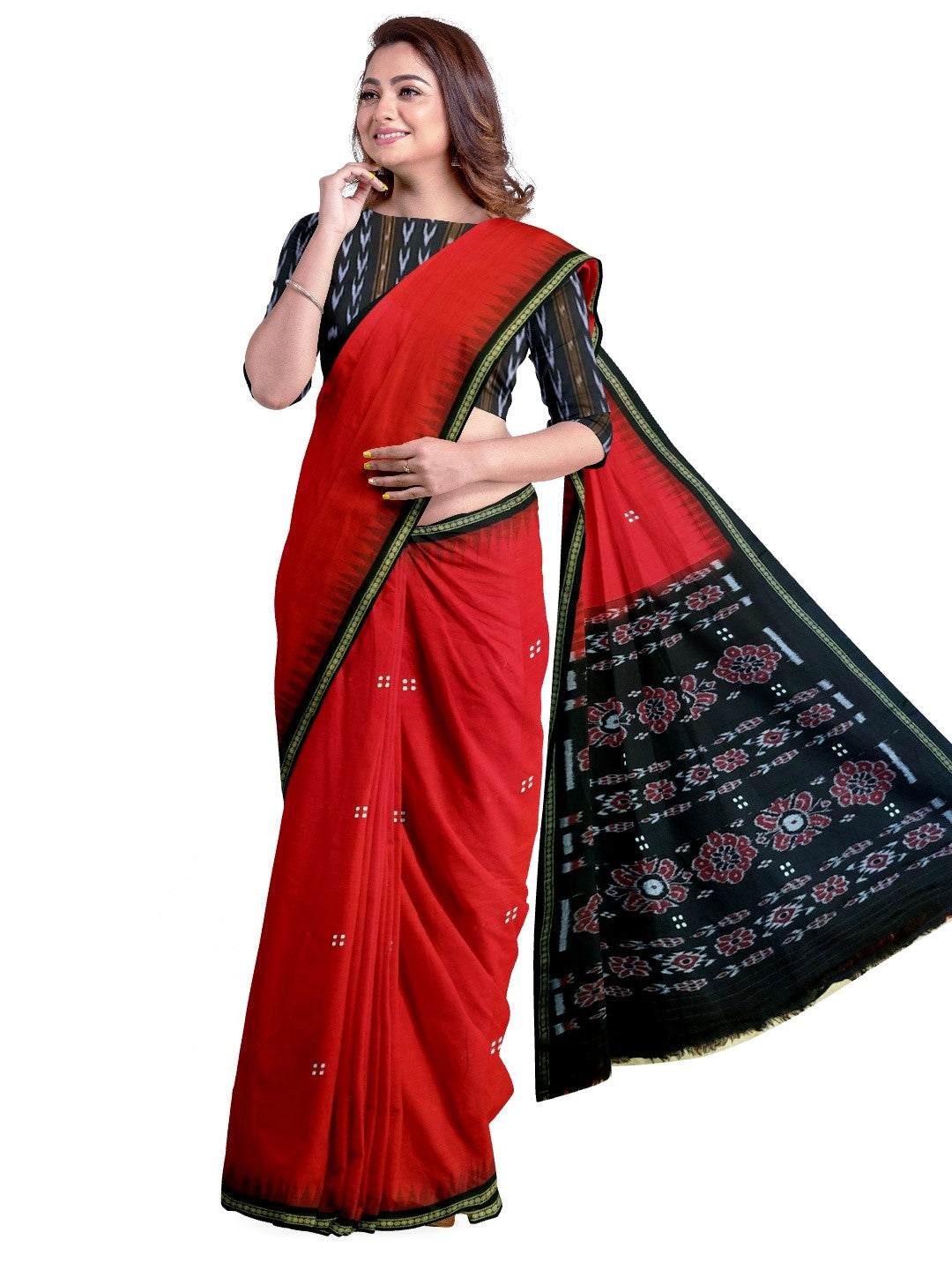 Red with black coloured Odisha Ikat saree  with cotton ikat blouse piece