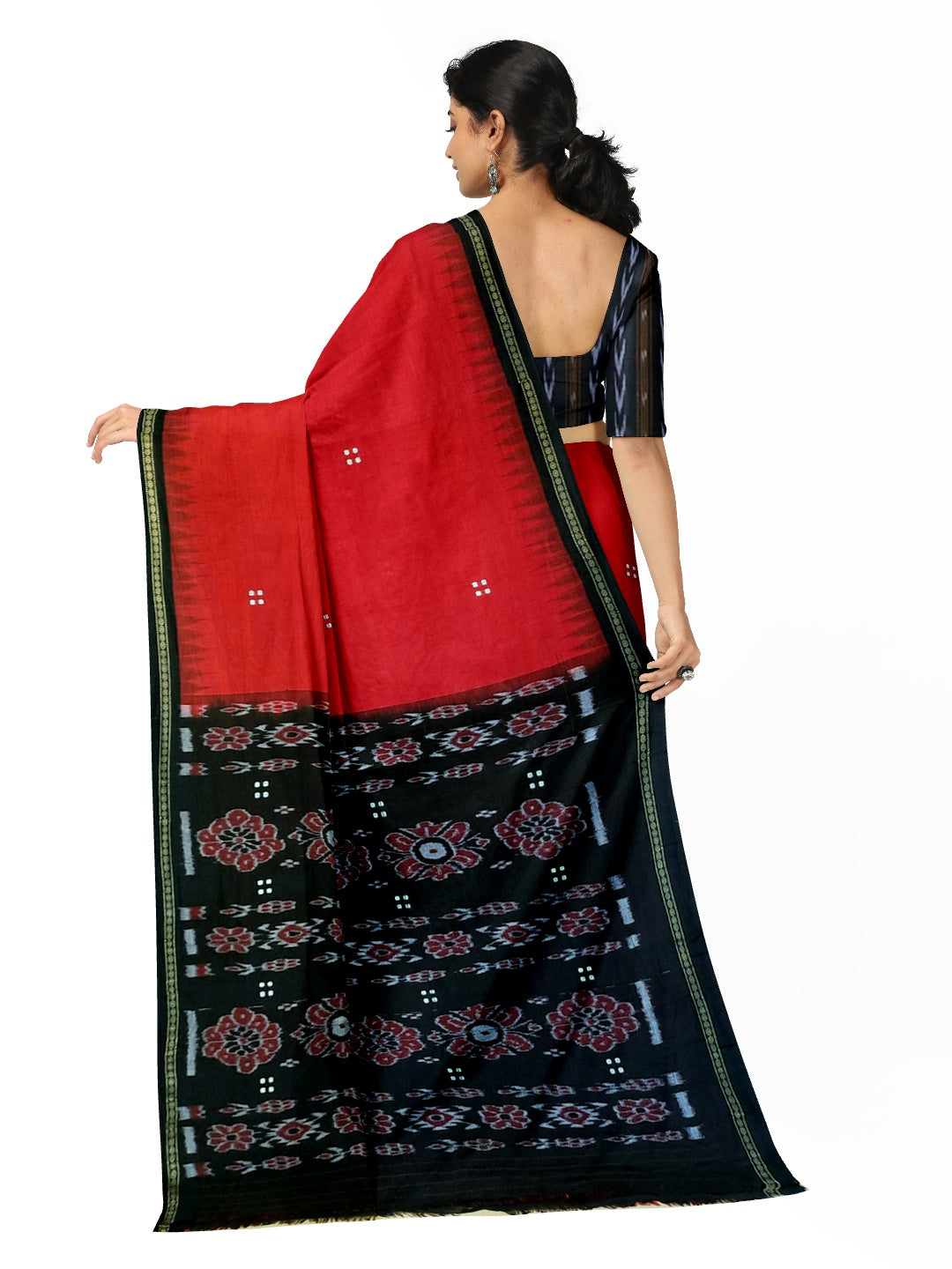 Red with black coloured Odisha Ikat saree  with cotton ikat blouse piece