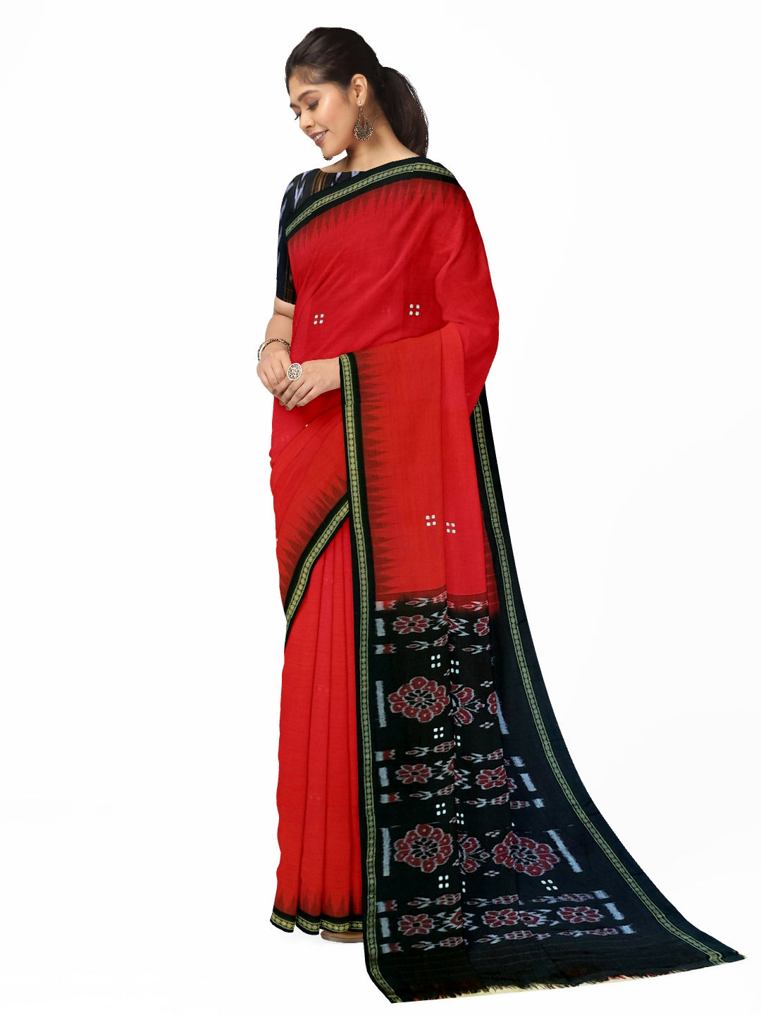 Red with black coloured Odisha Ikat saree  with cotton ikat blouse piece