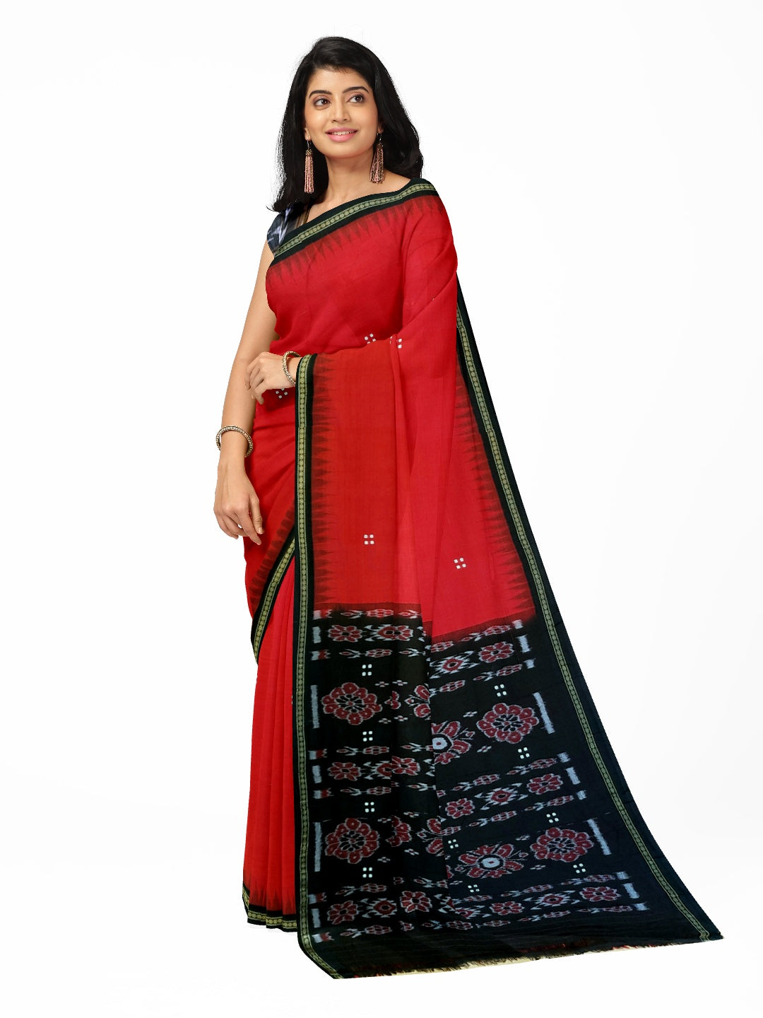 Red with black coloured Odisha Ikat saree  with cotton ikat blouse piece