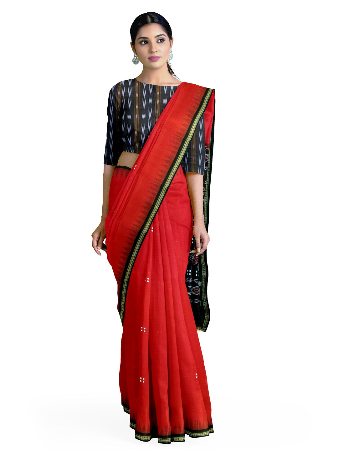 Red with black coloured Odisha Ikat saree  with cotton ikat blouse piece