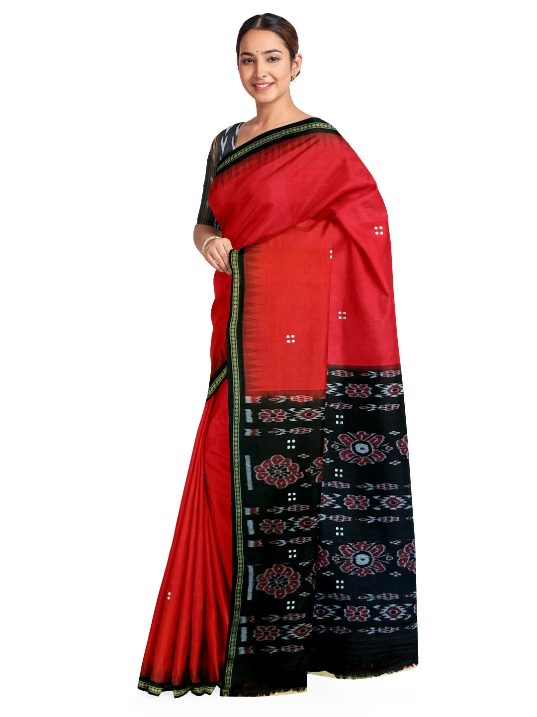 Red with black coloured Odisha Ikat saree  with cotton ikat blouse piece