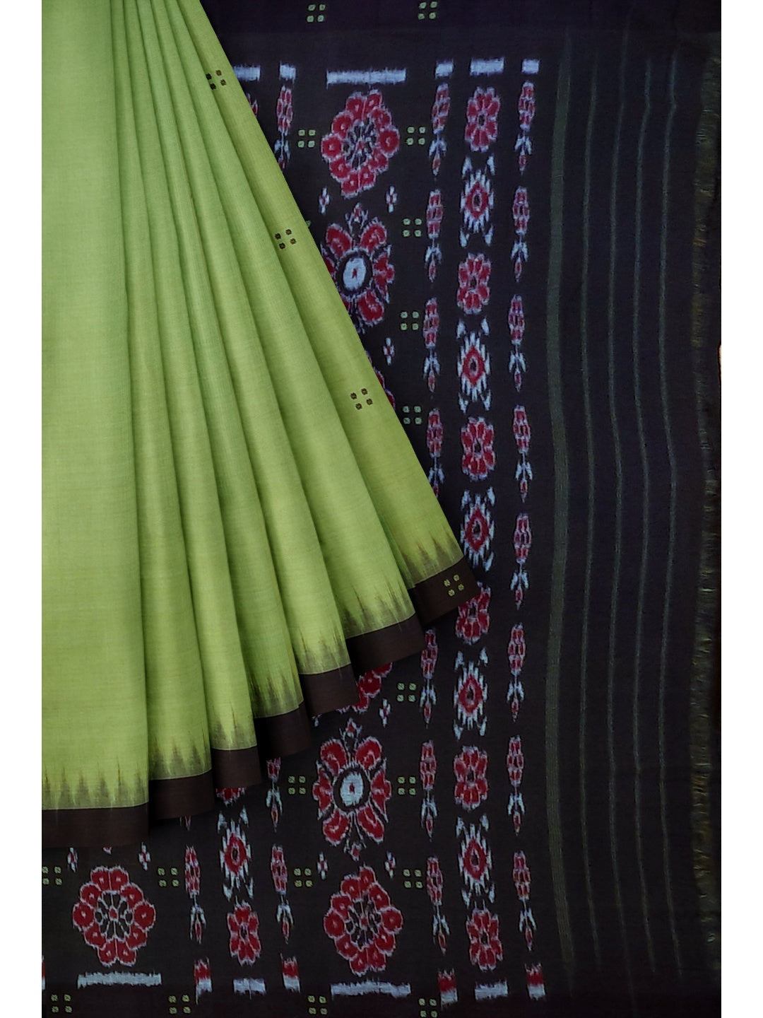 Green with black coloured Odisha Ikat saree  with cotton ikat blouse piece
