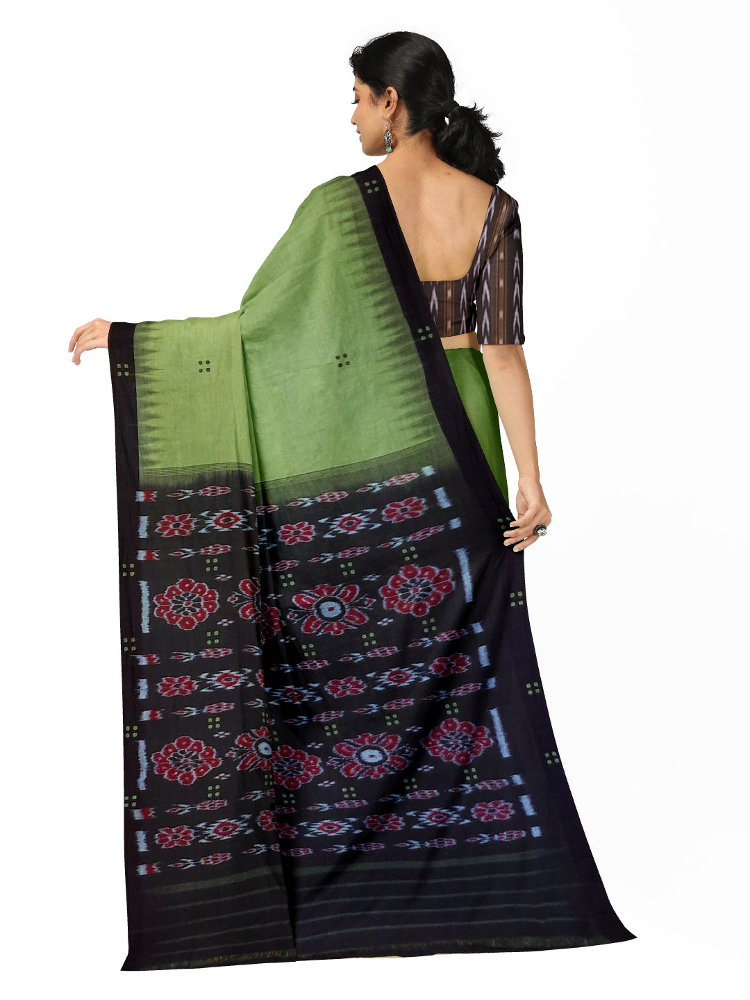 Green with black coloured Odisha Ikat saree  with cotton ikat blouse piece