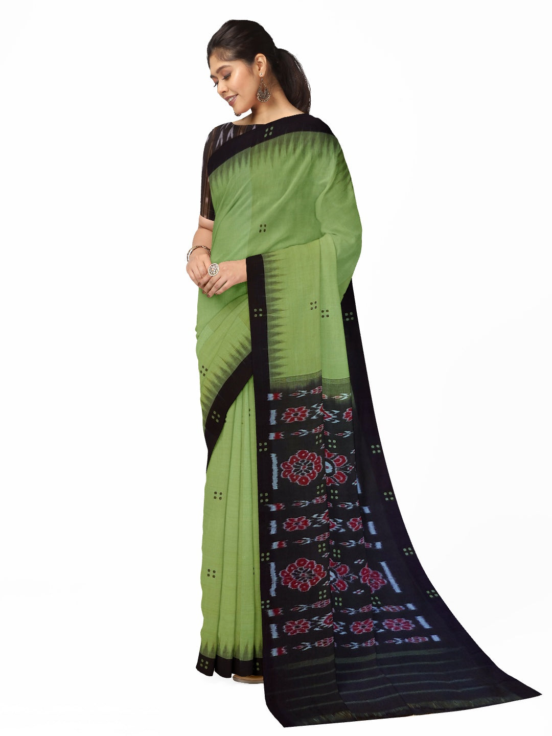 Green with black coloured Odisha Ikat saree  with cotton ikat blouse piece