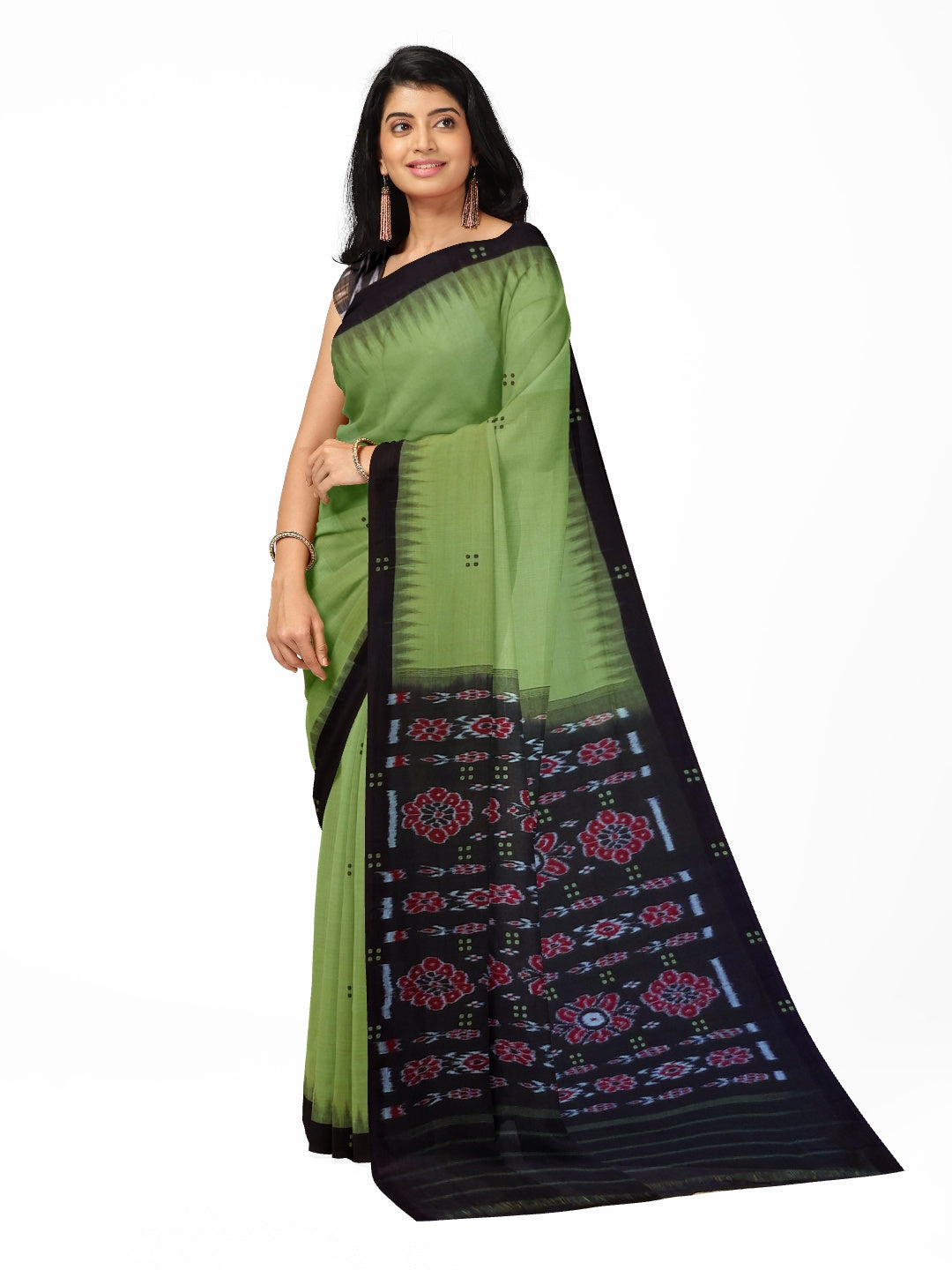 Green with black coloured Odisha Ikat saree  with cotton ikat blouse piece