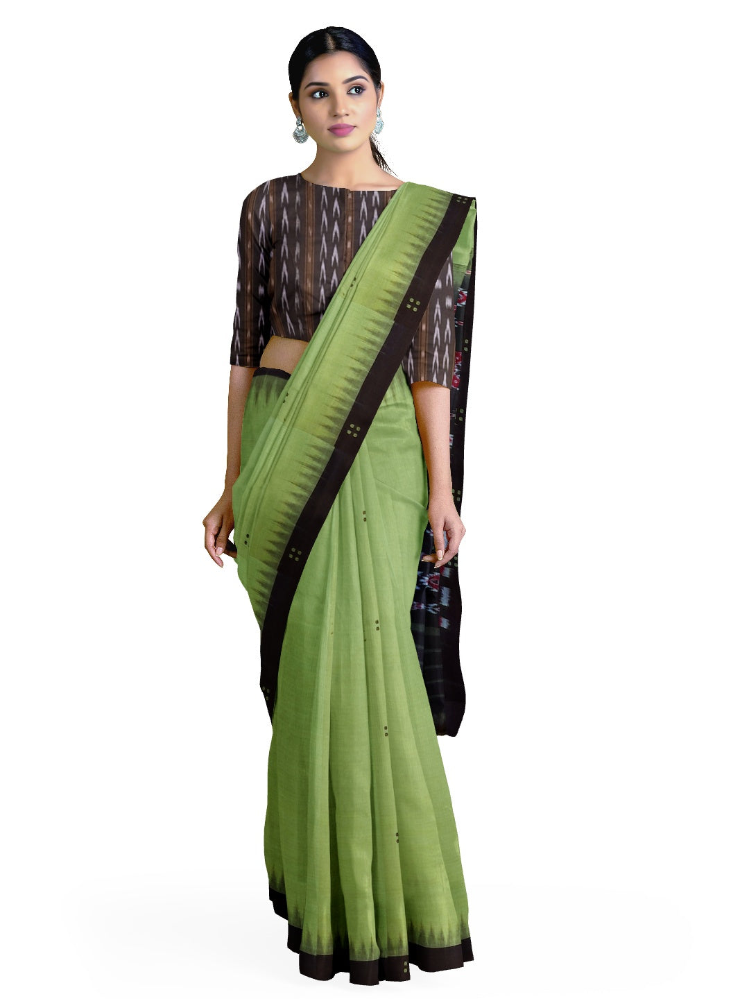 Green with black coloured Odisha Ikat saree  with cotton ikat blouse piece