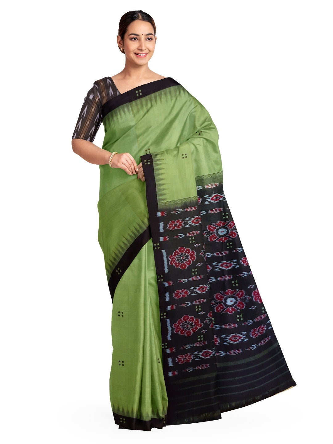 Green with black coloured Odisha Ikat saree  with cotton ikat blouse piece