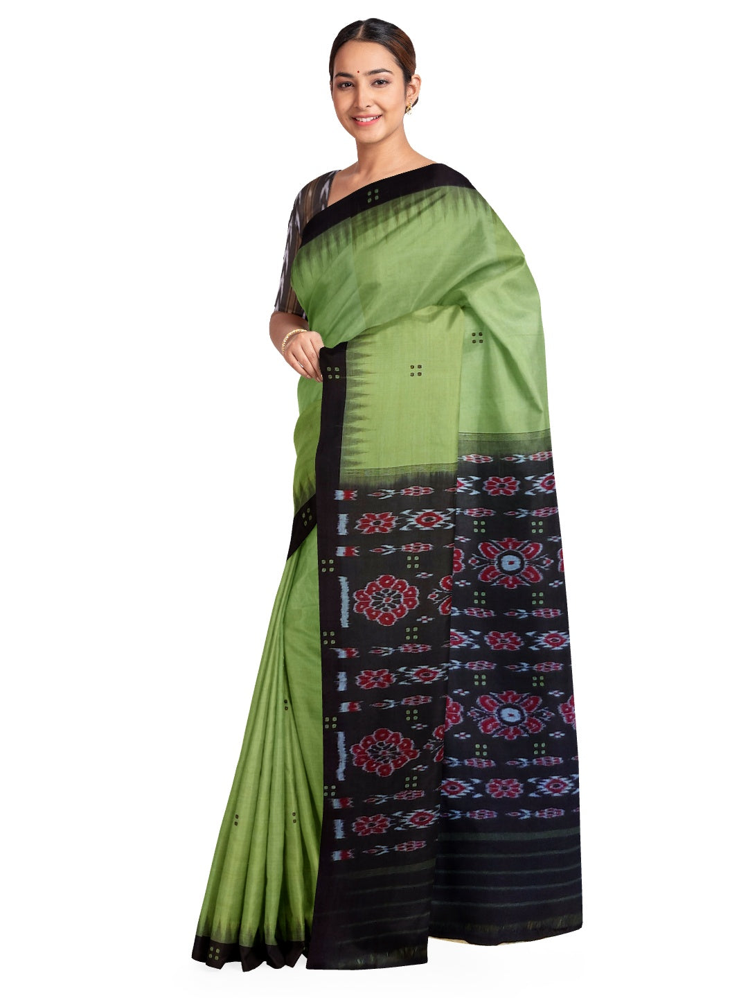 Green with black coloured Odisha Ikat saree  with cotton ikat blouse piece