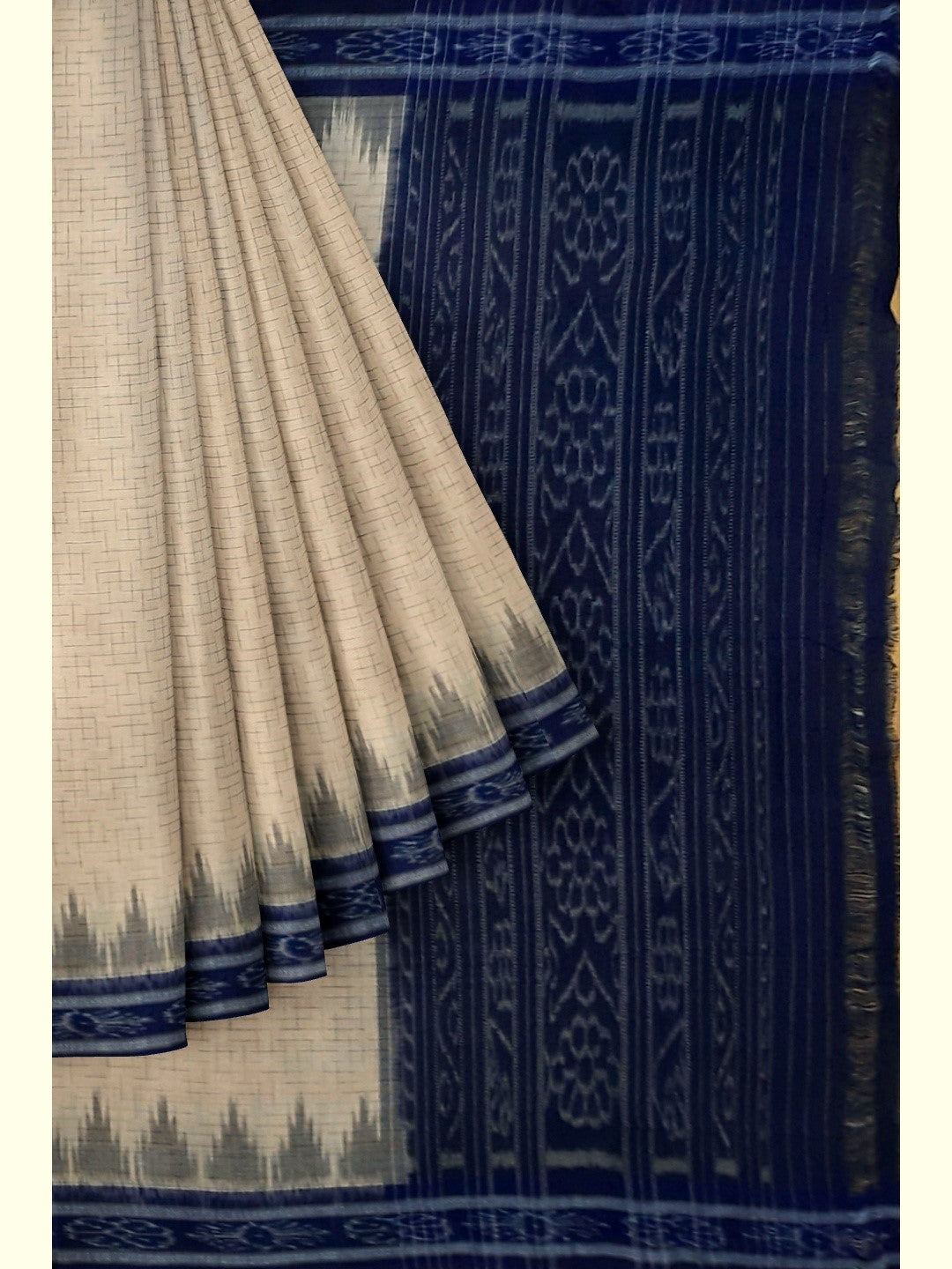 Beige Cotton Odisha Ikat saree with mix match Sambalpuri cotton ikat blouse