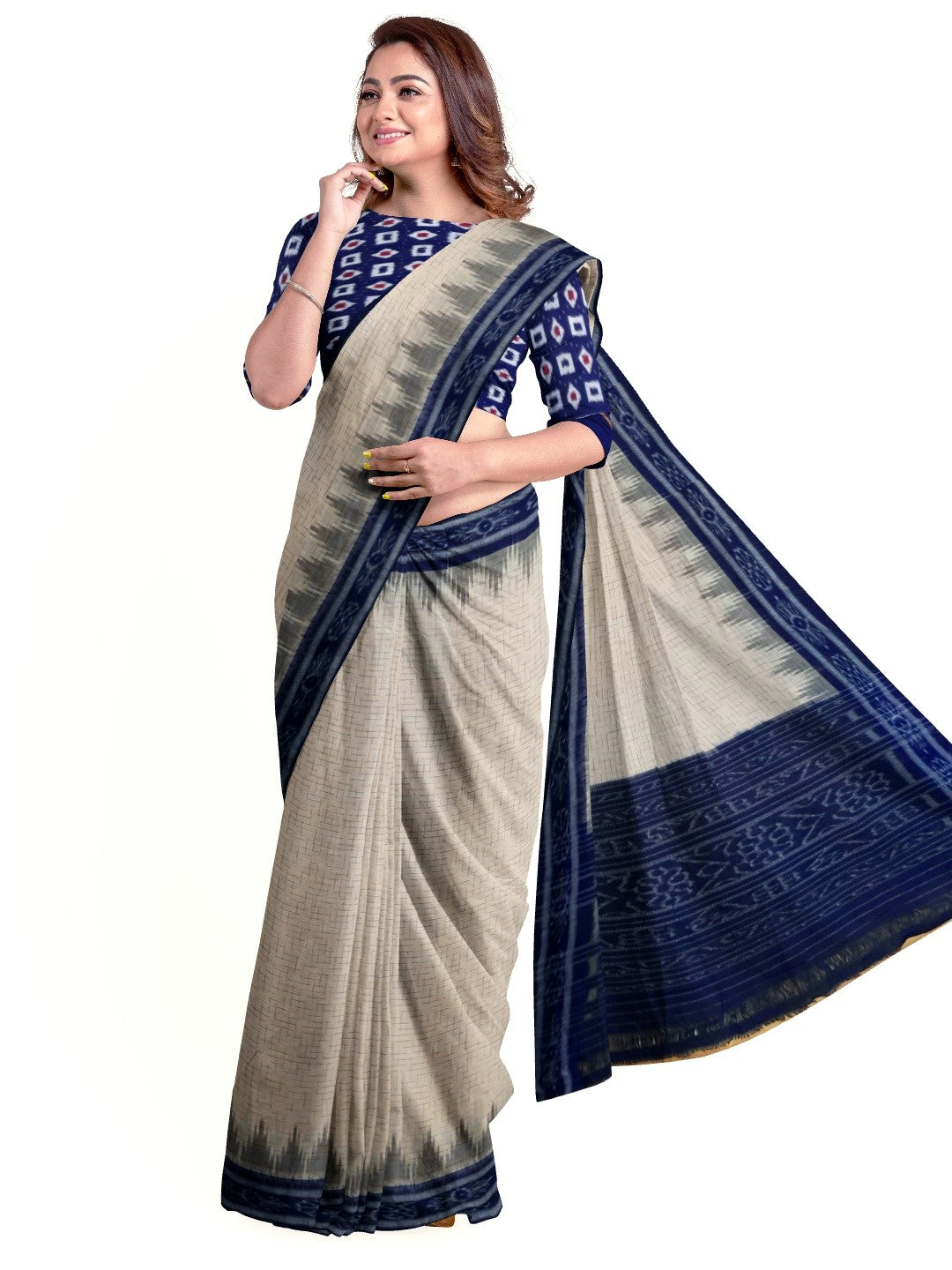 Beige Cotton Odisha Ikat saree with mix match Sambalpuri cotton ikat blouse