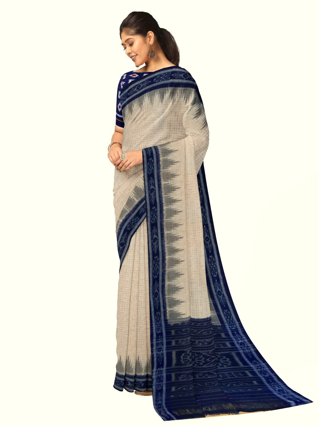 Beige Cotton Odisha Ikat saree with mix match Sambalpuri cotton ikat blouse