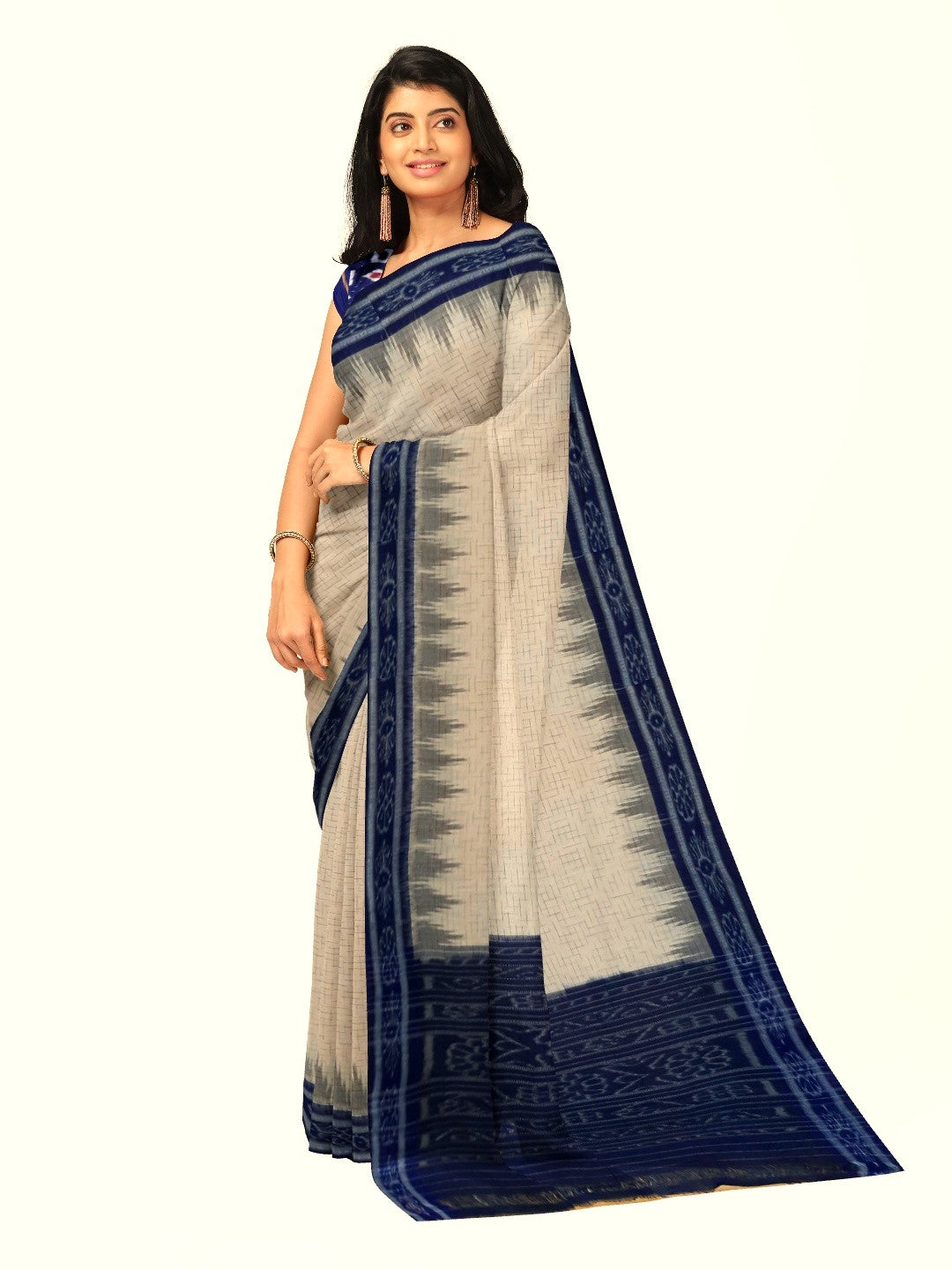 Beige Cotton Odisha Ikat saree with mix match Sambalpuri cotton ikat blouse