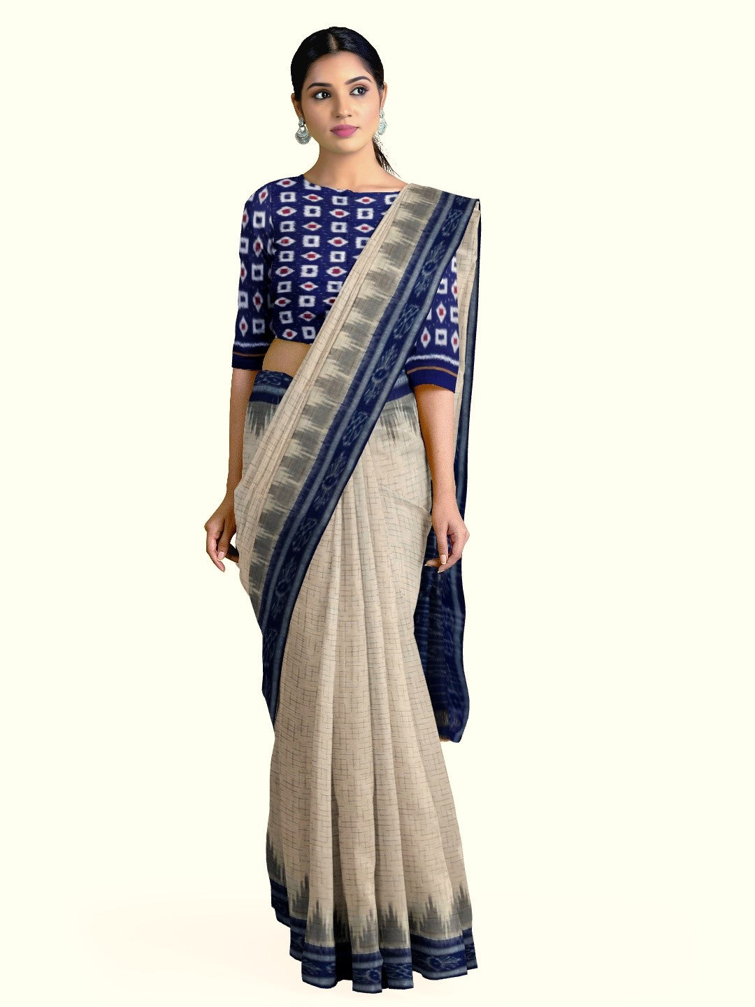 Beige Cotton Odisha Ikat saree with mix match Sambalpuri cotton ikat blouse