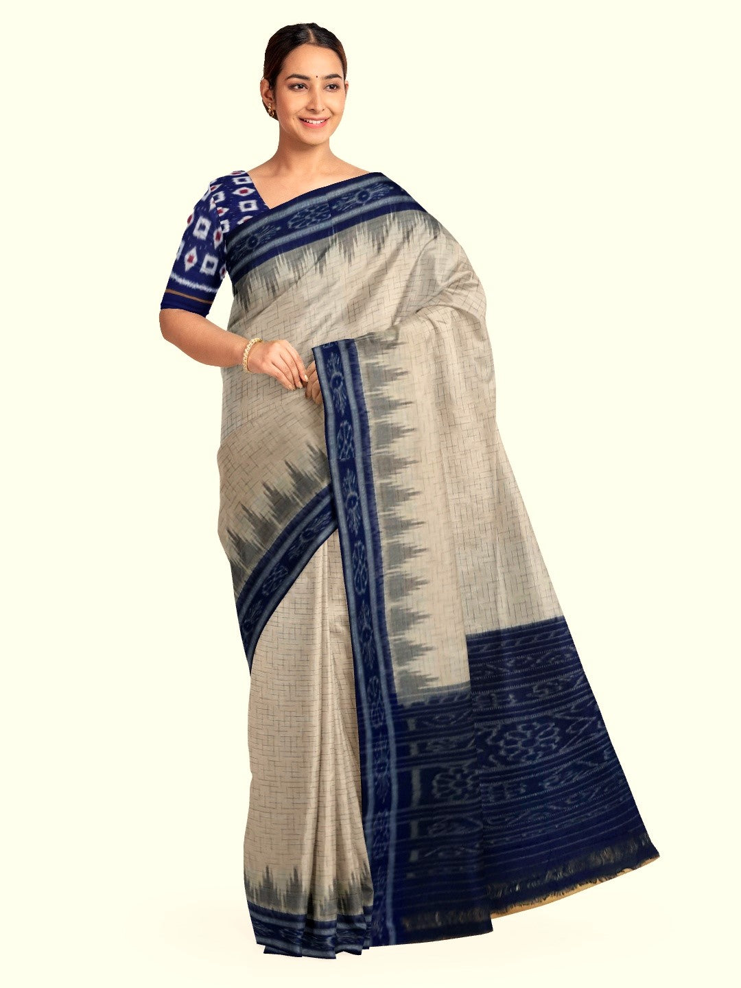 Beige Cotton Odisha Ikat saree with mix match Sambalpuri cotton ikat blouse