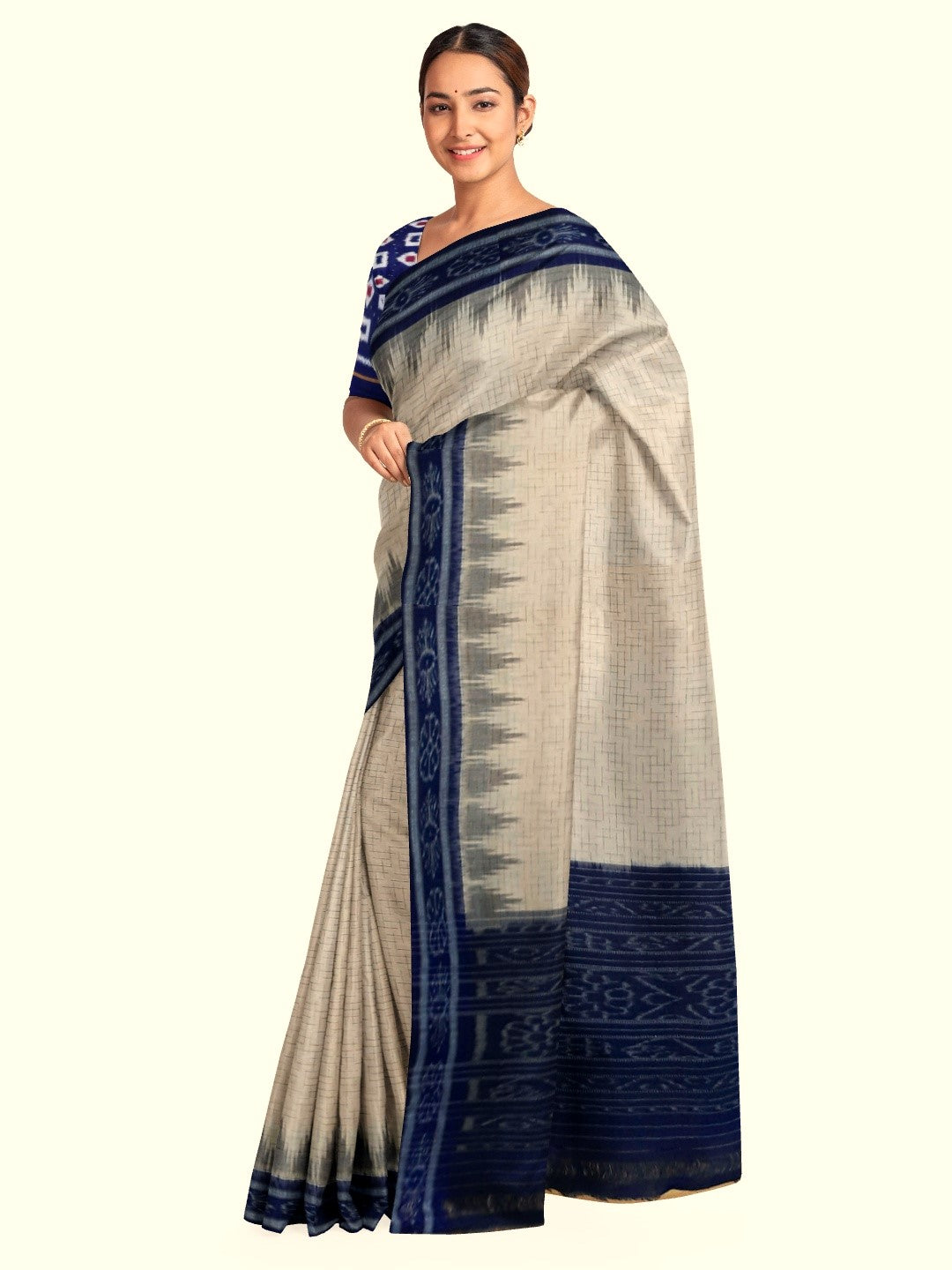 Beige Cotton Odisha Ikat saree with mix match Sambalpuri cotton ikat blouse