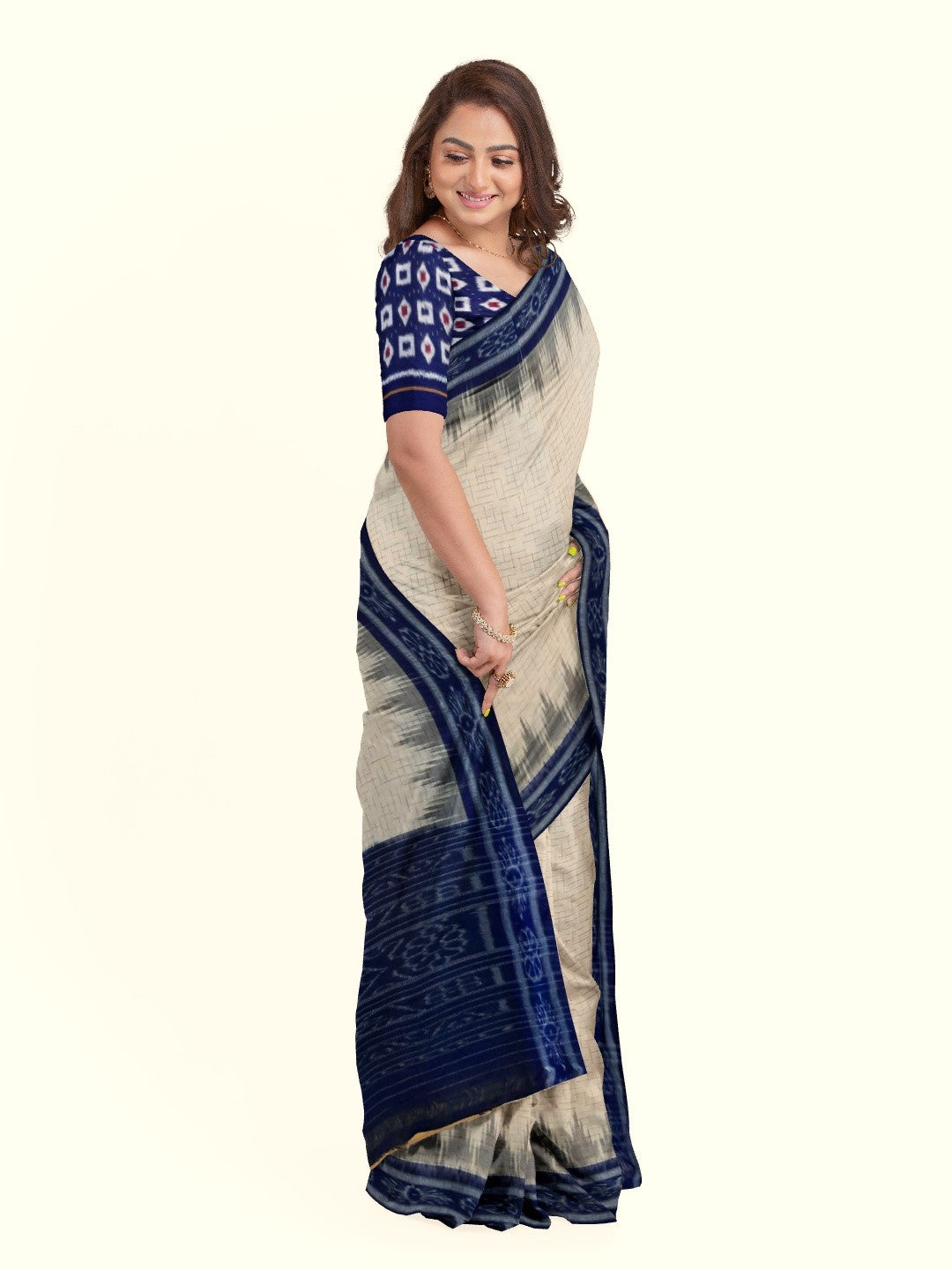Beige Cotton Odisha Ikat saree with mix match Sambalpuri cotton ikat blouse