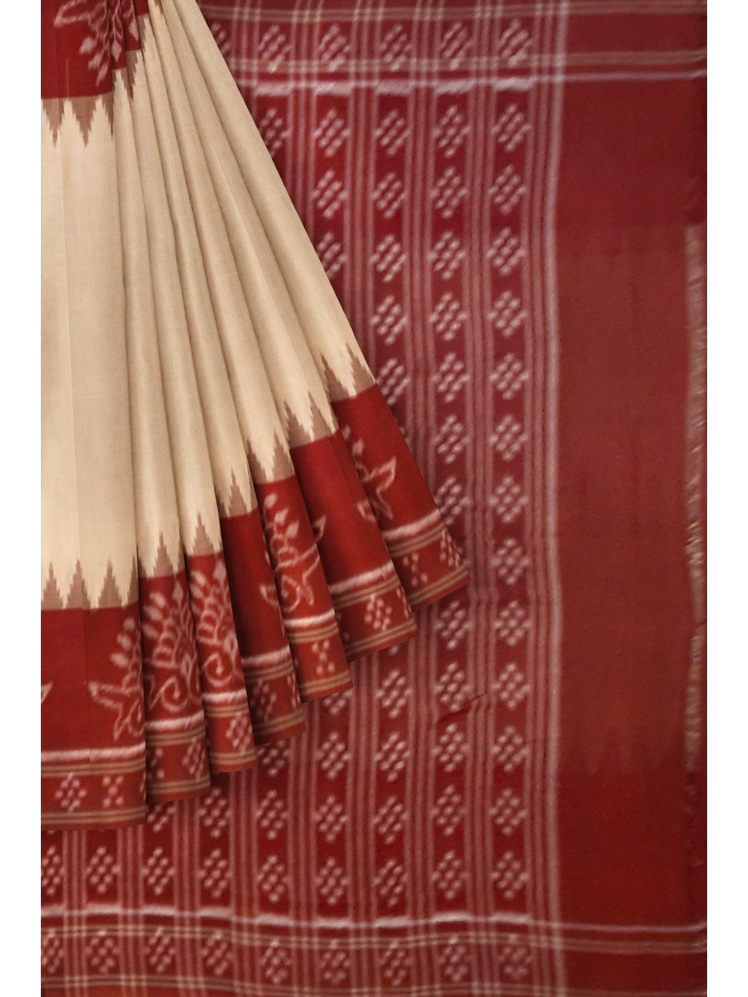 Beige and Maroon wide border Cotton Odisha Ikat saree  with  cotton ikat blouse piece
