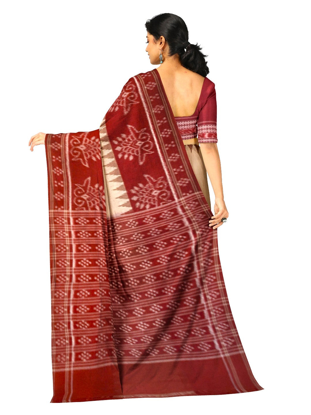 Beige and Maroon wide border Cotton Odisha Ikat saree  with  cotton ikat blouse piece
