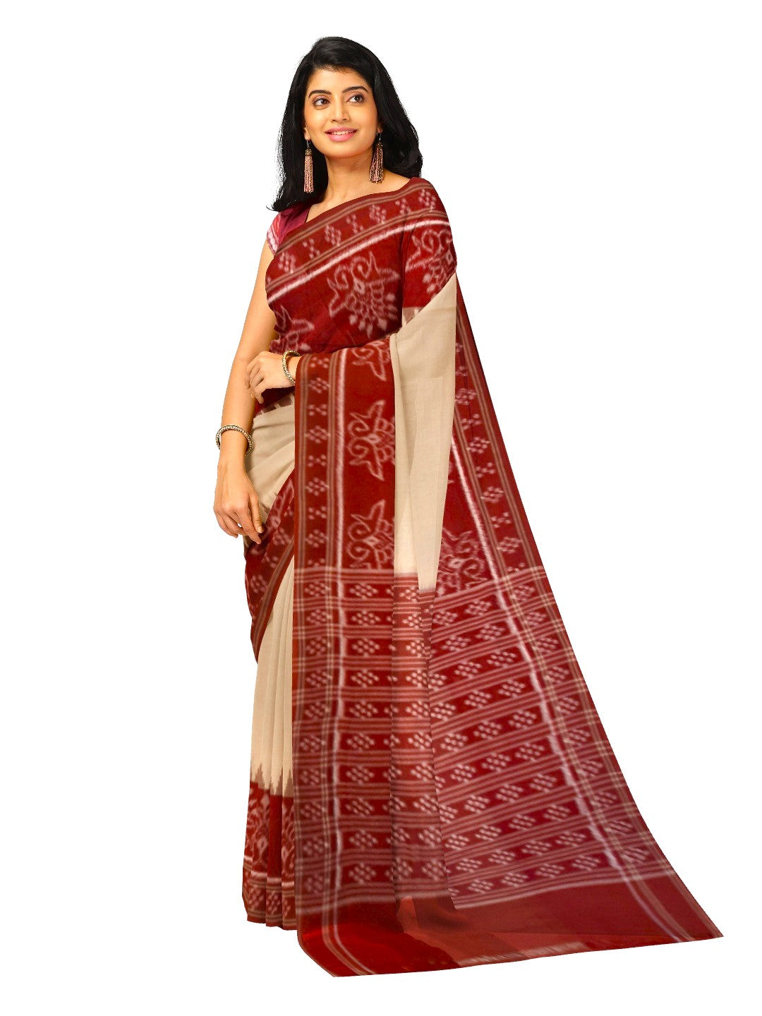 Beige and Maroon wide border Cotton Odisha Ikat saree  with  cotton ikat blouse piece
