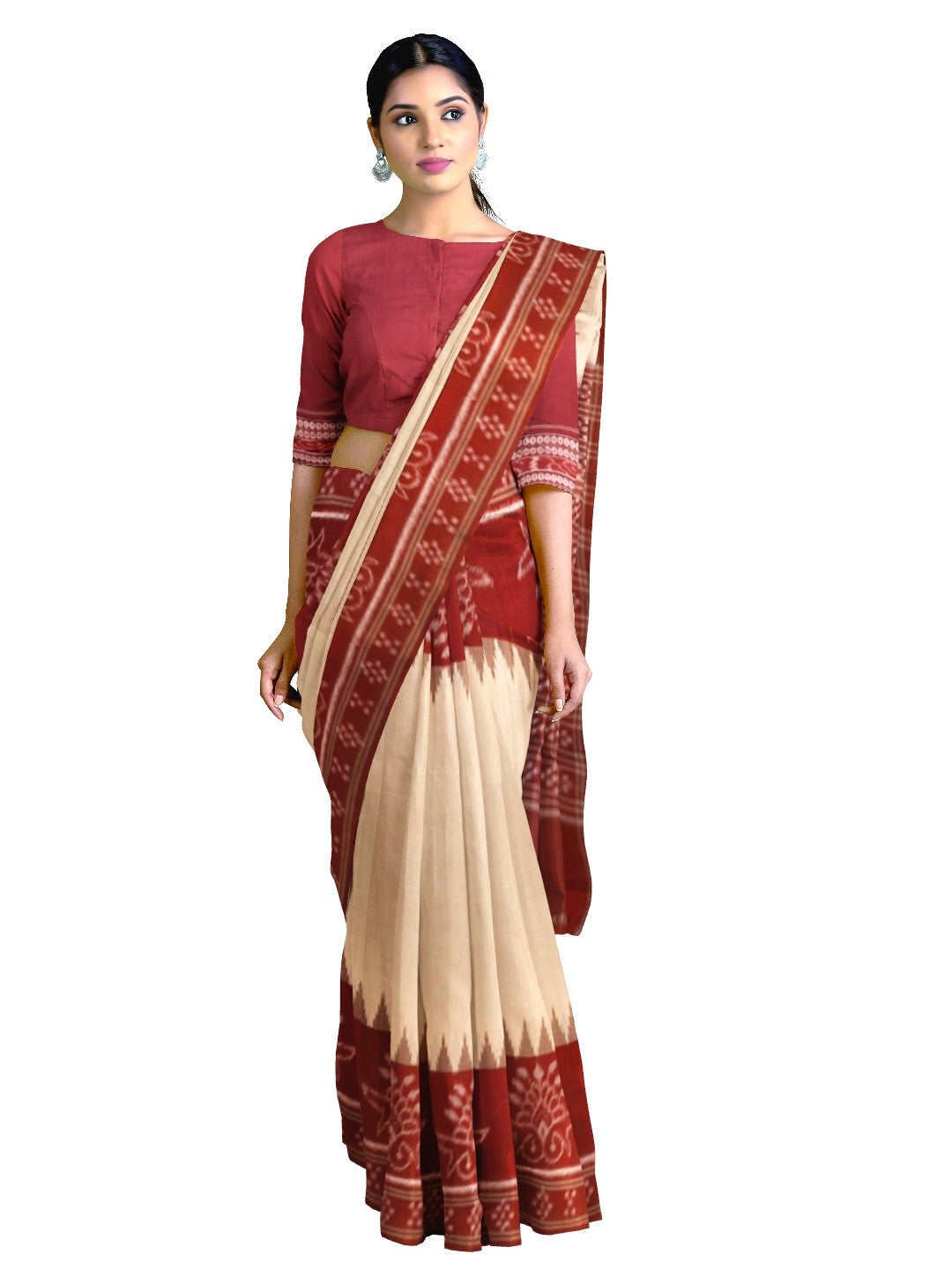 Beige and Maroon wide border Cotton Odisha Ikat saree  with  cotton ikat blouse piece