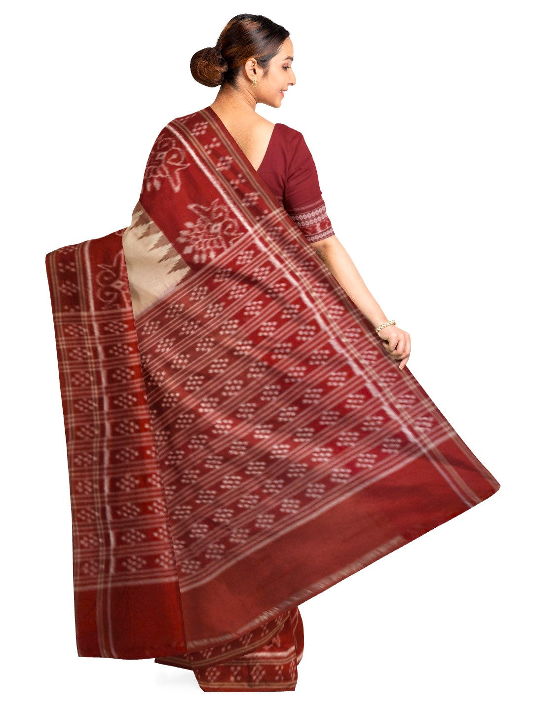 Beige and Maroon wide border Cotton Odisha Ikat saree  with  cotton ikat blouse piece